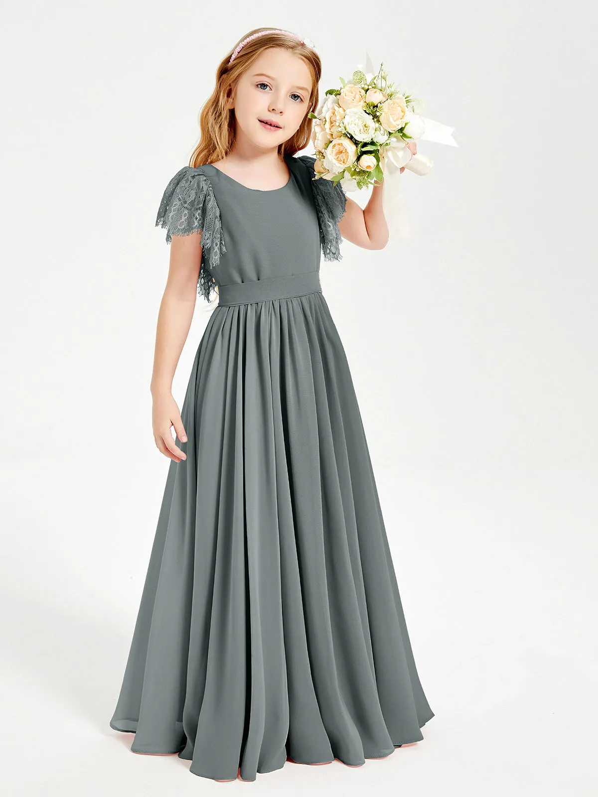 Chiffon Junior Bridesmaid Dresses Lace Flutter Sleeves Scoop Neck Steel Grey
