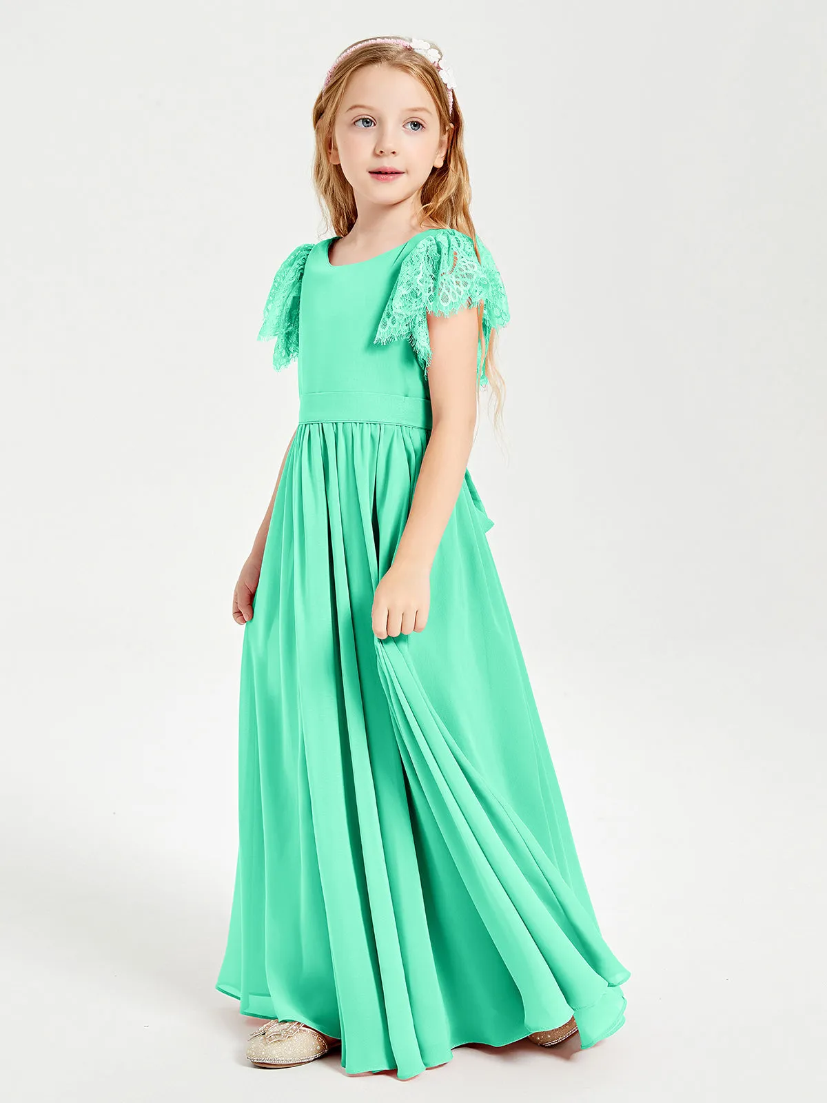 Chiffon Junior Bridesmaid Dresses Lace Flutter Sleeves Scoop Neck Turquoise