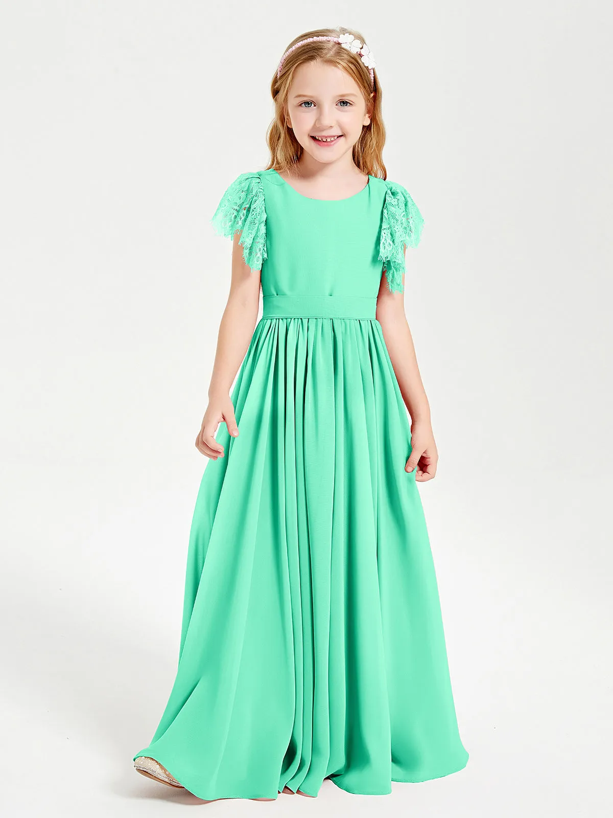 Chiffon Junior Bridesmaid Dresses Lace Flutter Sleeves Scoop Neck Turquoise
