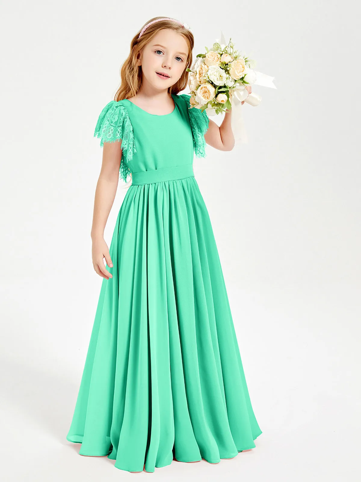 Chiffon Junior Bridesmaid Dresses Lace Flutter Sleeves Scoop Neck Turquoise