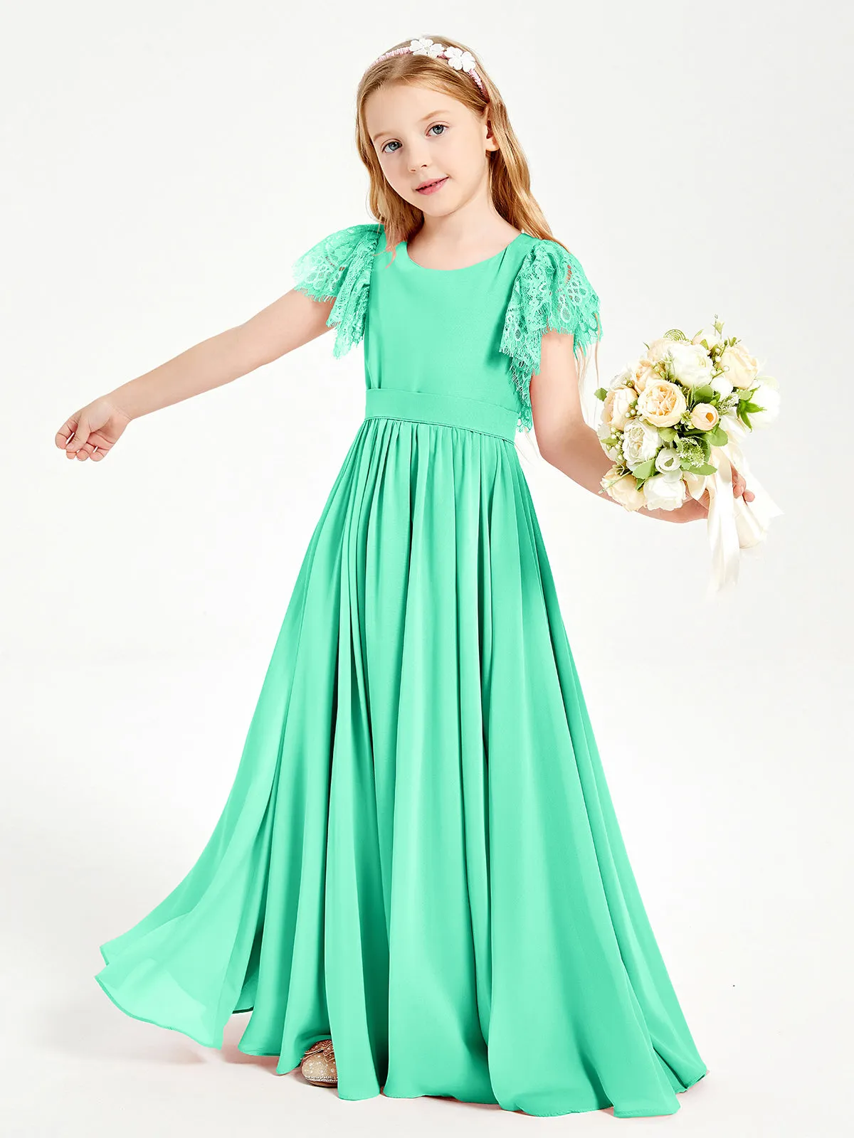 Chiffon Junior Bridesmaid Dresses Lace Flutter Sleeves Scoop Neck Turquoise