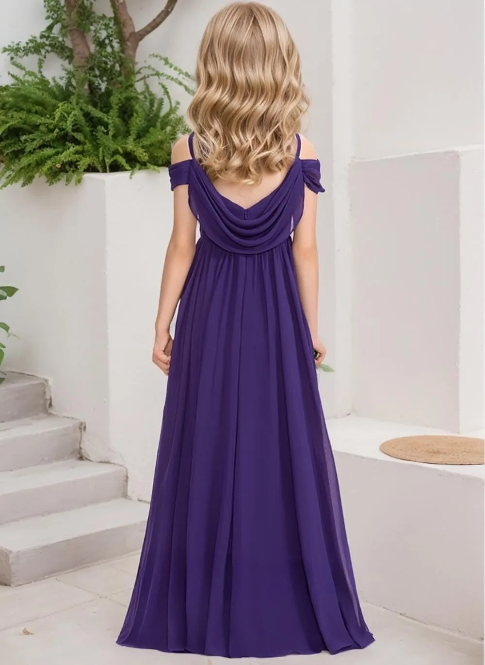 Cold Shoulder Juniors Bridesmaid Dress Long Chiffon Flower Girl Dresses for Wedding A Line Pageant Gown