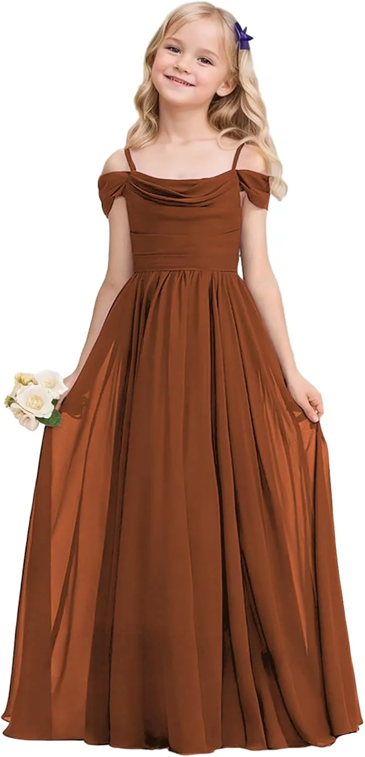 Cold Shoulder Juniors Bridesmaid Dress Long Chiffon Flower Girl Dresses for Wedding A Line Pageant Gown