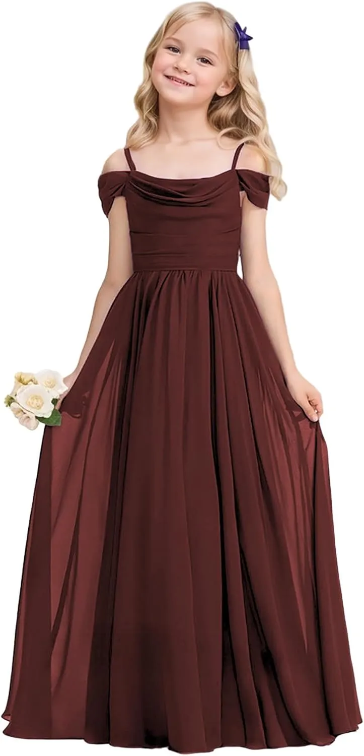 Cold Shoulder Juniors Bridesmaid Dress Long Chiffon Flower Girl Dresses for Wedding A Line Pageant Gown