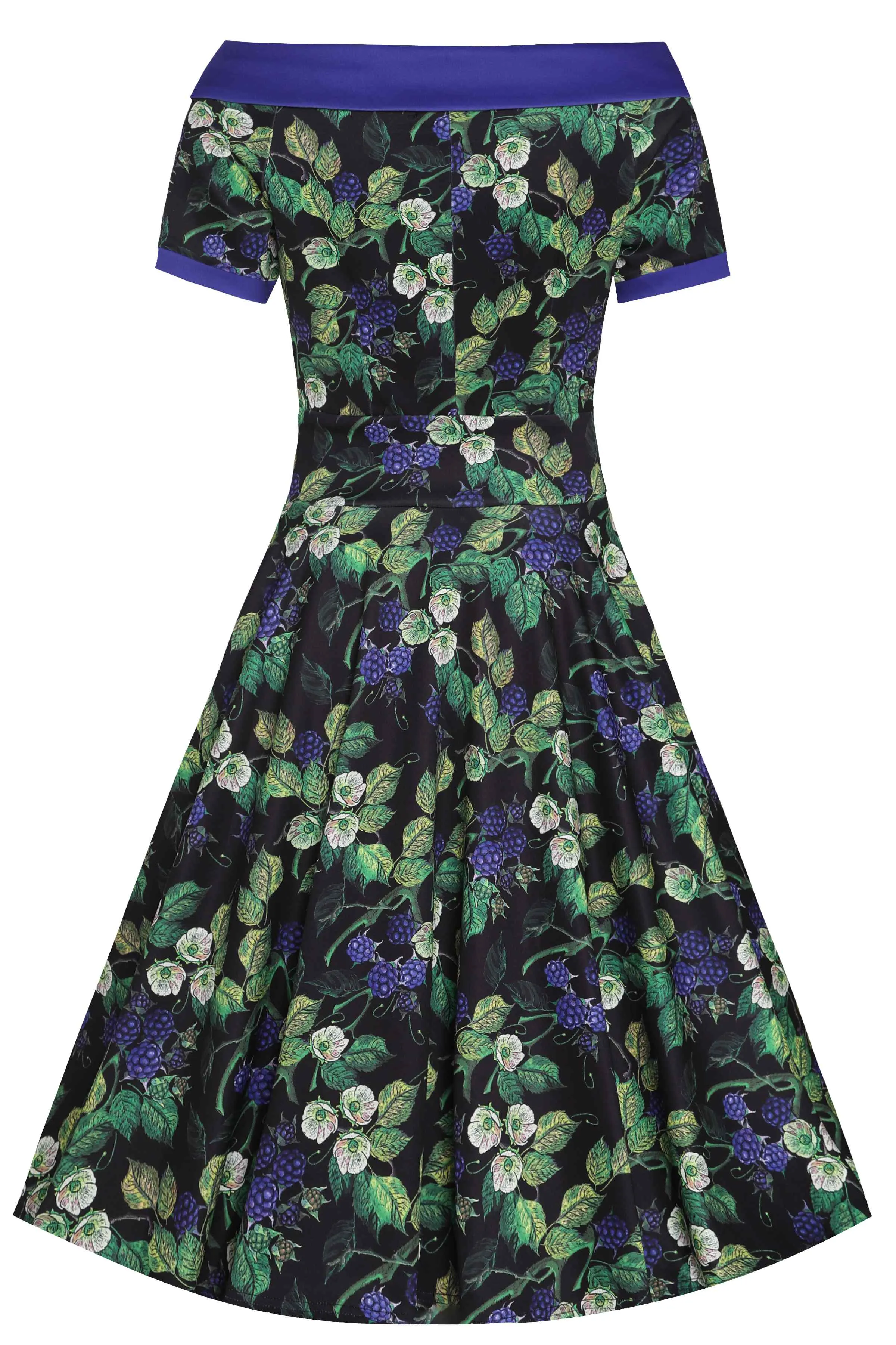 Darlene Off-Shoulder Dress in Black/Purple Berry Leaf Print