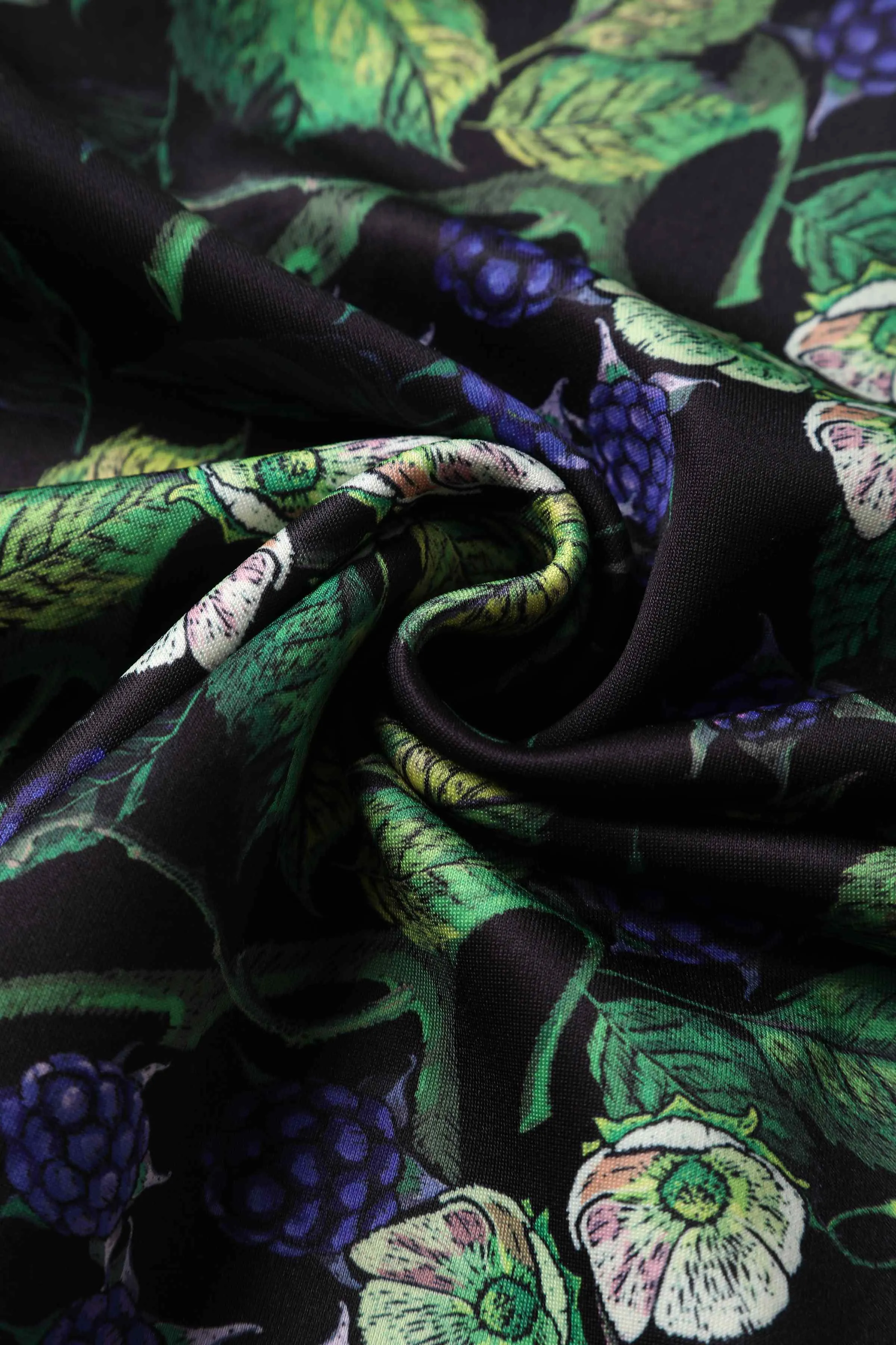 Darlene Off-Shoulder Dress in Black/Purple Berry Leaf Print