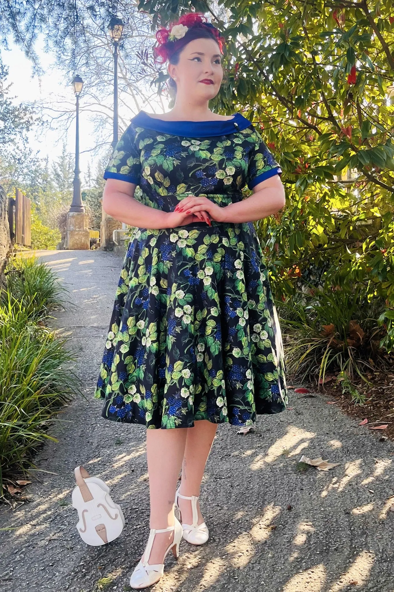 Darlene Off-Shoulder Dress in Black/Purple Berry Leaf Print