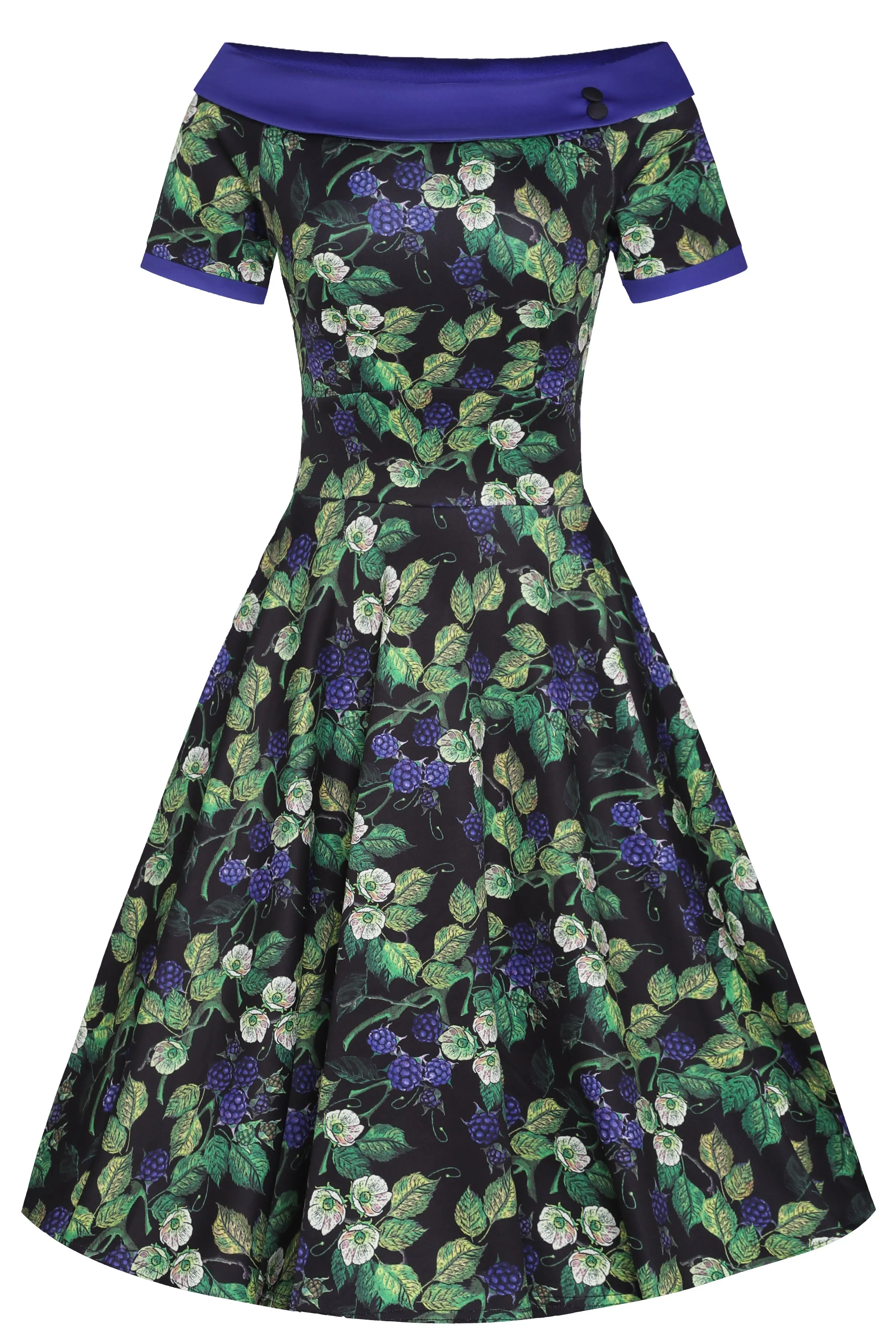 Darlene Off-Shoulder Dress in Black/Purple Berry Leaf Print
