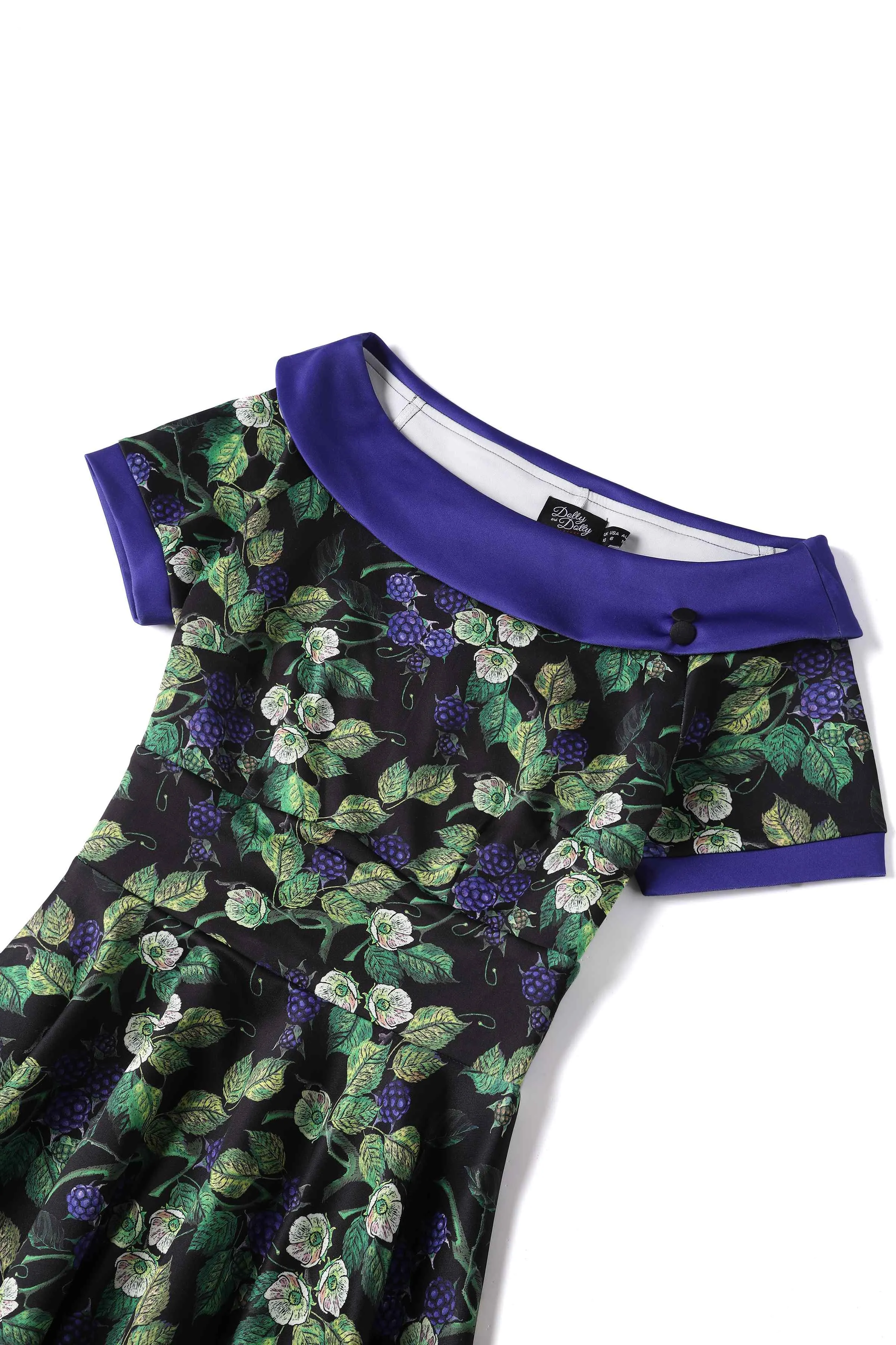 Darlene Off-Shoulder Dress in Black/Purple Berry Leaf Print
