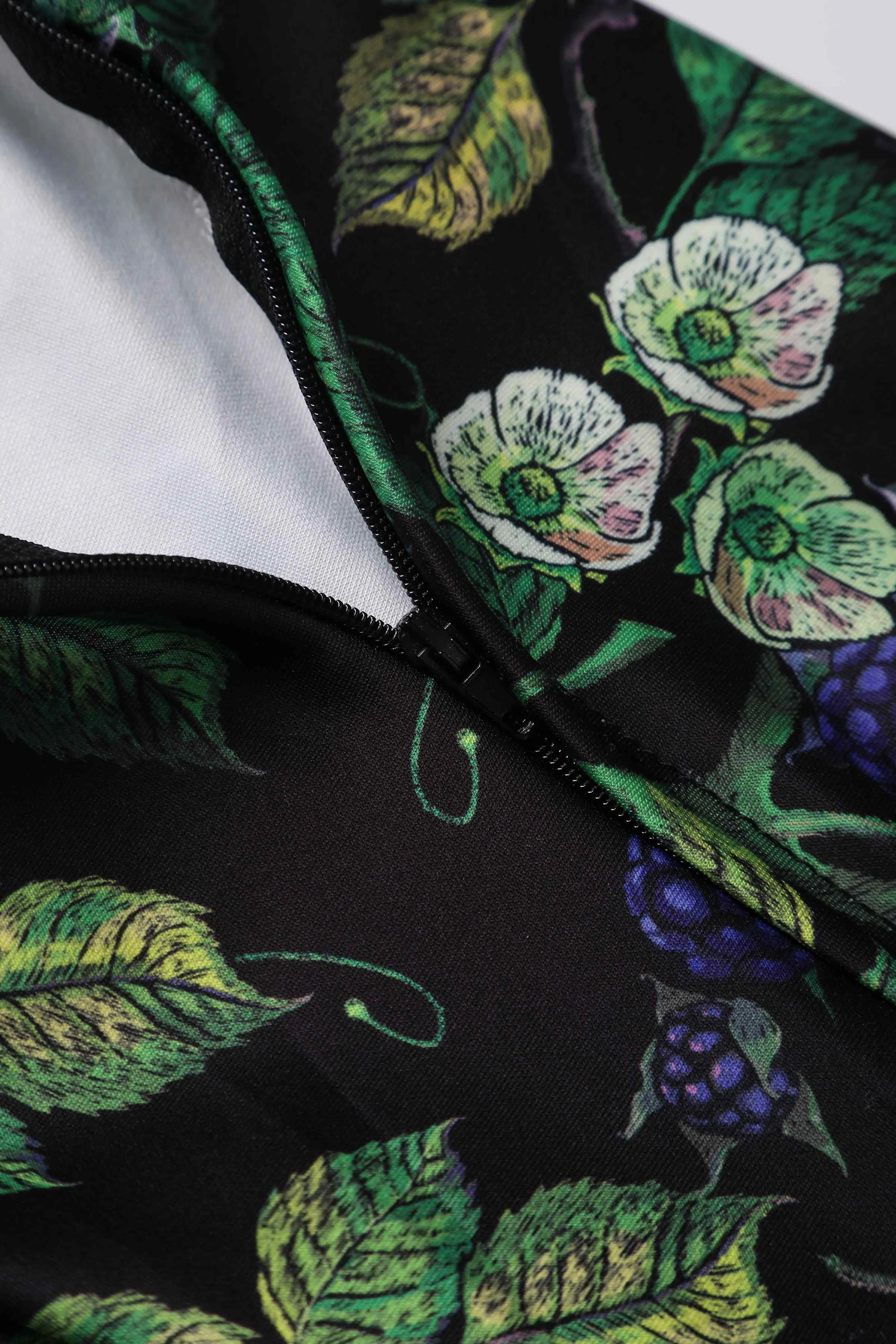 Darlene Off-Shoulder Dress in Black/Purple Berry Leaf Print
