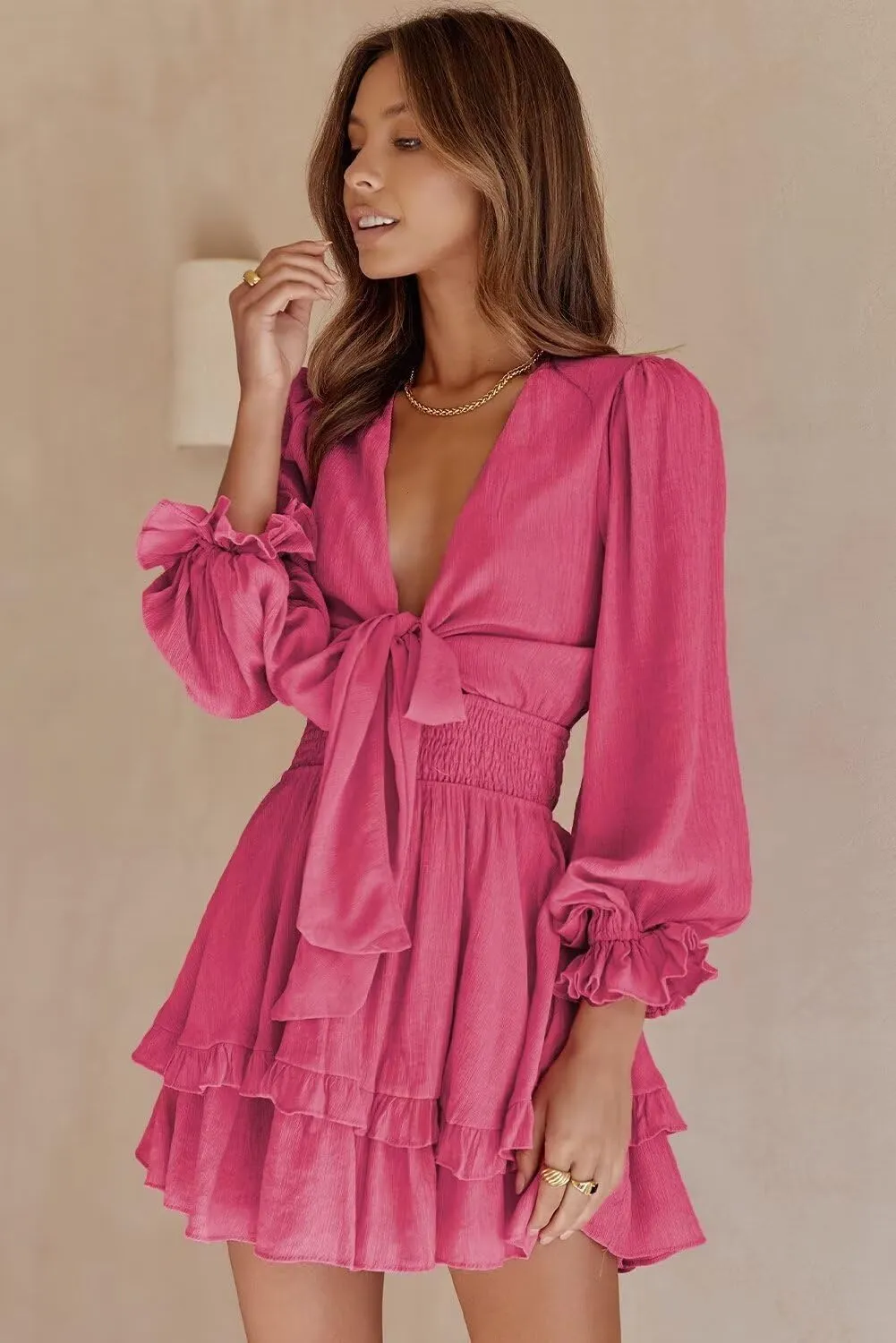 Dokotoo Womens Casual Spring Summer 2025 Deep V Neck Knotted Tiered Chiffon Elegant Mini Short Swing Skater Dresses