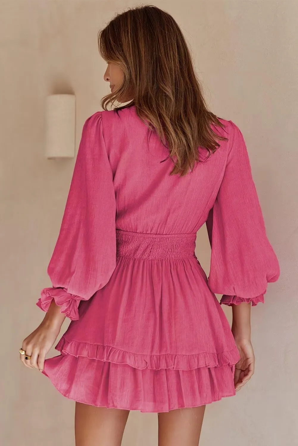 Dokotoo Womens Casual Spring Summer 2025 Deep V Neck Knotted Tiered Chiffon Elegant Mini Short Swing Skater Dresses