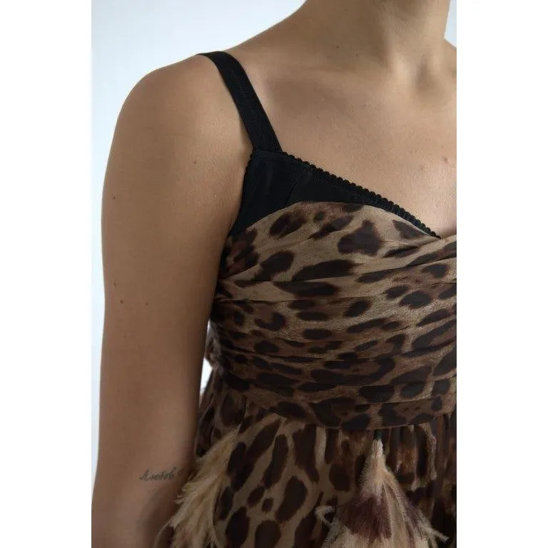 Dolce & Gabbana Sleeveless Leopard Chiffon Ostrich-Feather Dress
