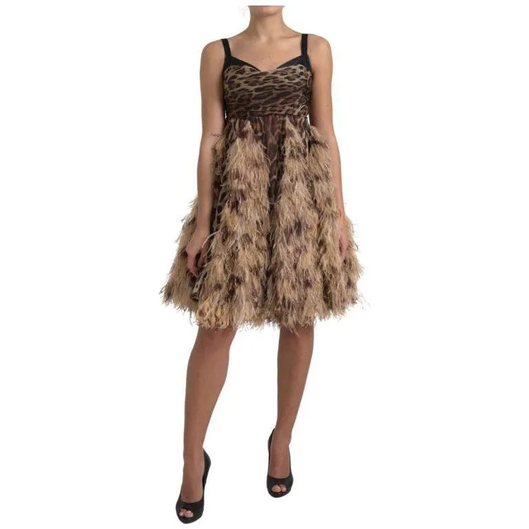 Dolce & Gabbana Sleeveless Leopard Chiffon Ostrich-Feather Dress