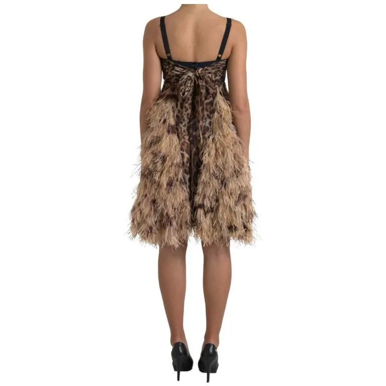 Dolce & Gabbana Sleeveless Leopard Chiffon Ostrich-Feather Dress