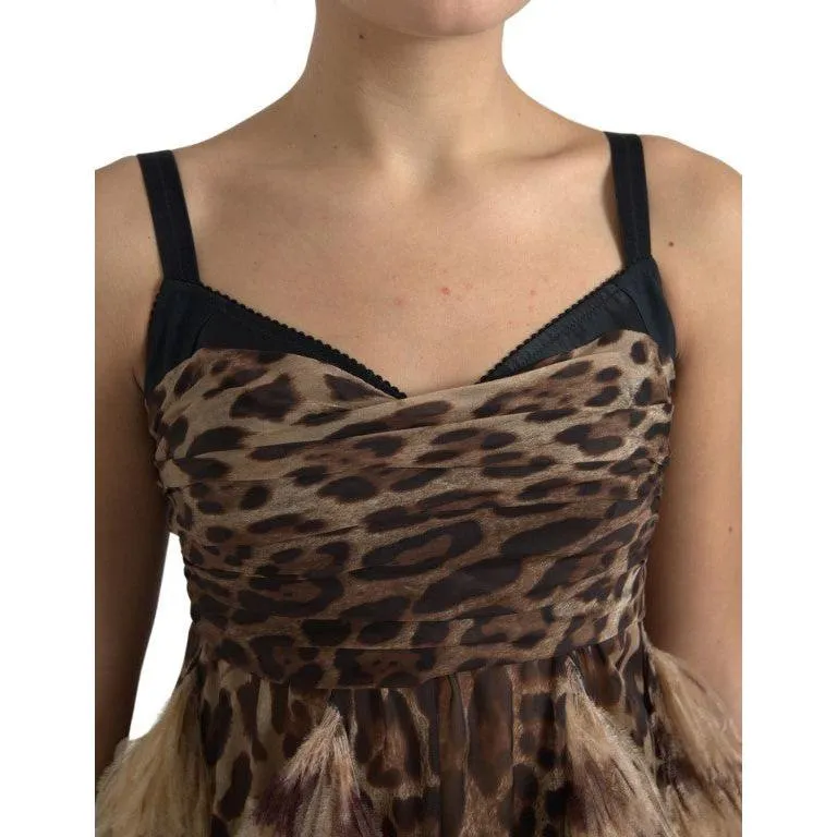 Dolce & Gabbana Sleeveless Leopard Chiffon Ostrich-Feather Dress