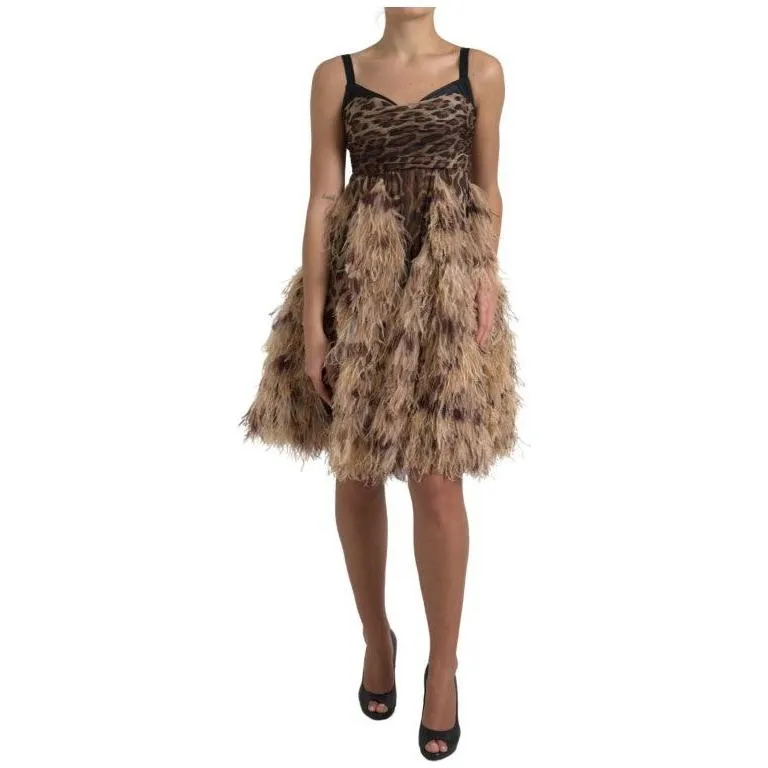 Dolce & Gabbana Sleeveless Leopard Chiffon Ostrich-Feather Dress