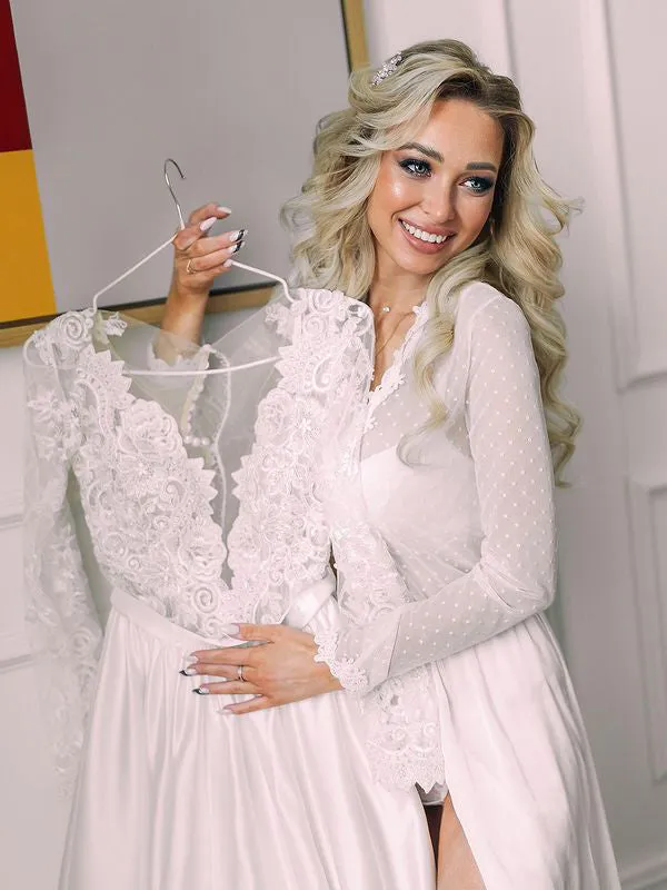 Elegant A-line Satin Appliques Lace Wedding Dresses With Long Sleeves WD573