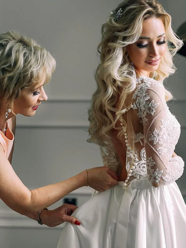 Elegant A-line Satin Appliques Lace Wedding Dresses With Long Sleeves WD573