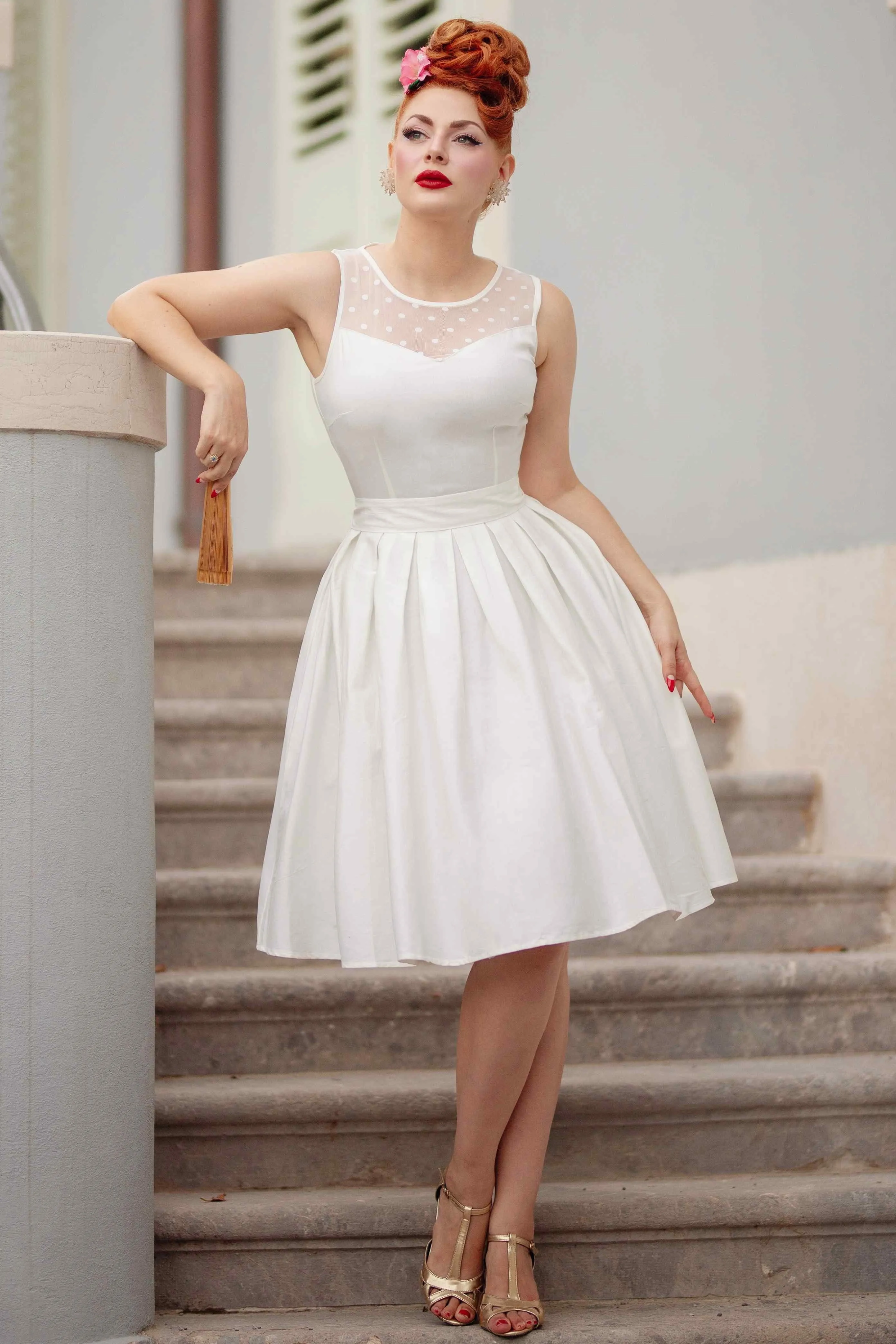 Elizabeth White Mesh Panel Bridal Swing Dress
