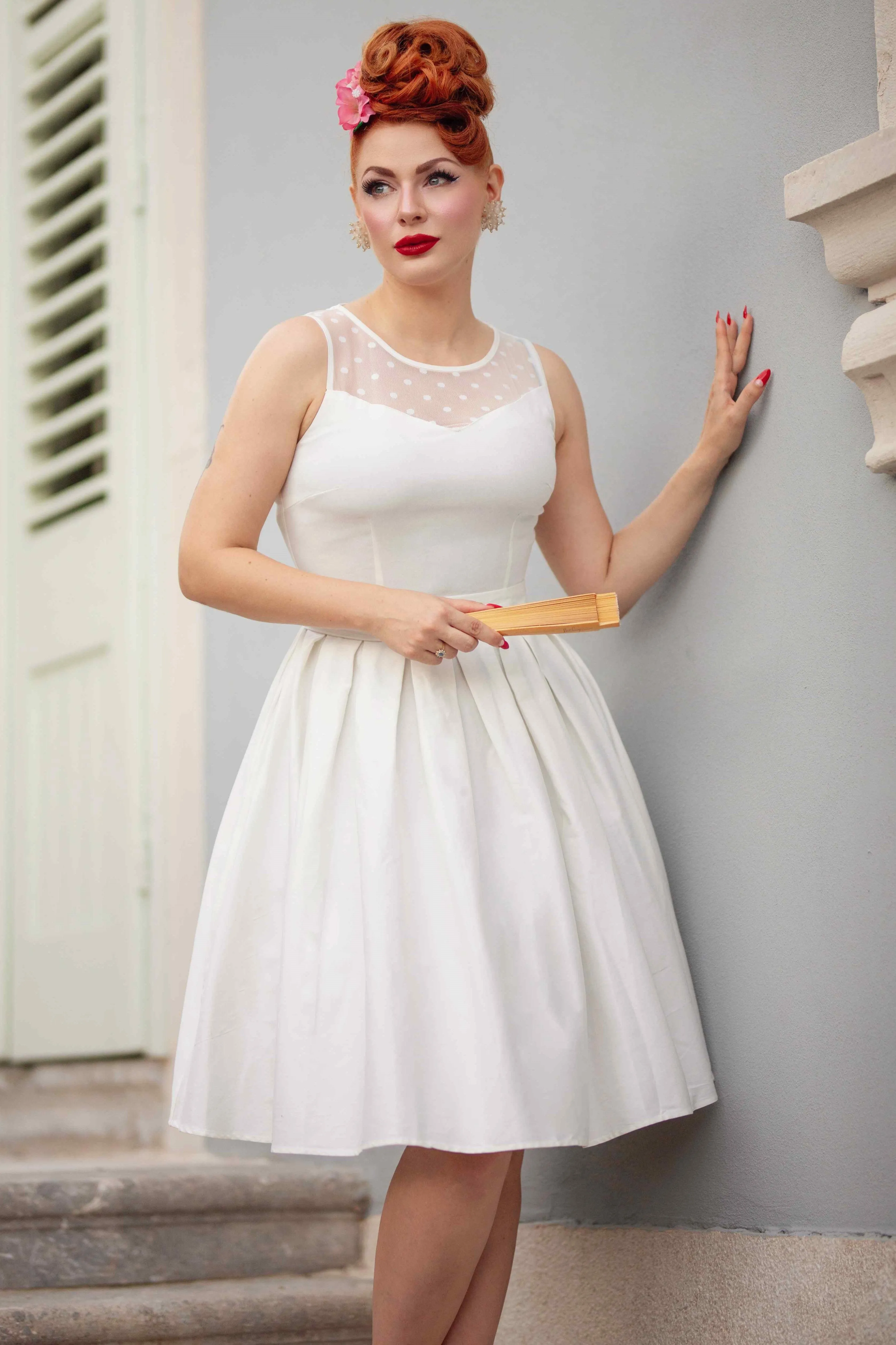 Elizabeth White Mesh Panel Bridal Swing Dress