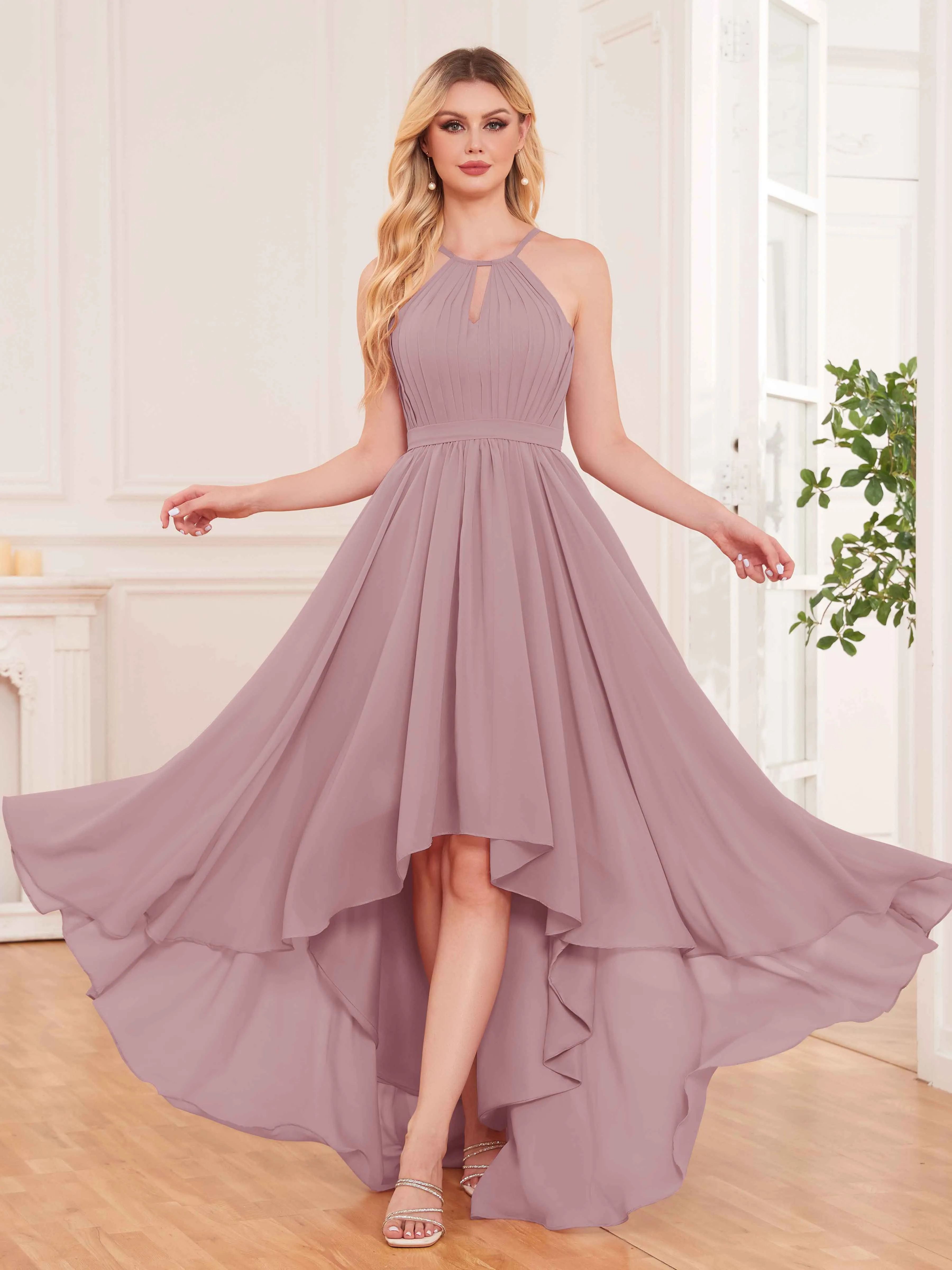 Elliana Dreamy Halter Sleeveless Asymmetrical Chiffon Bridesmaid Dresses