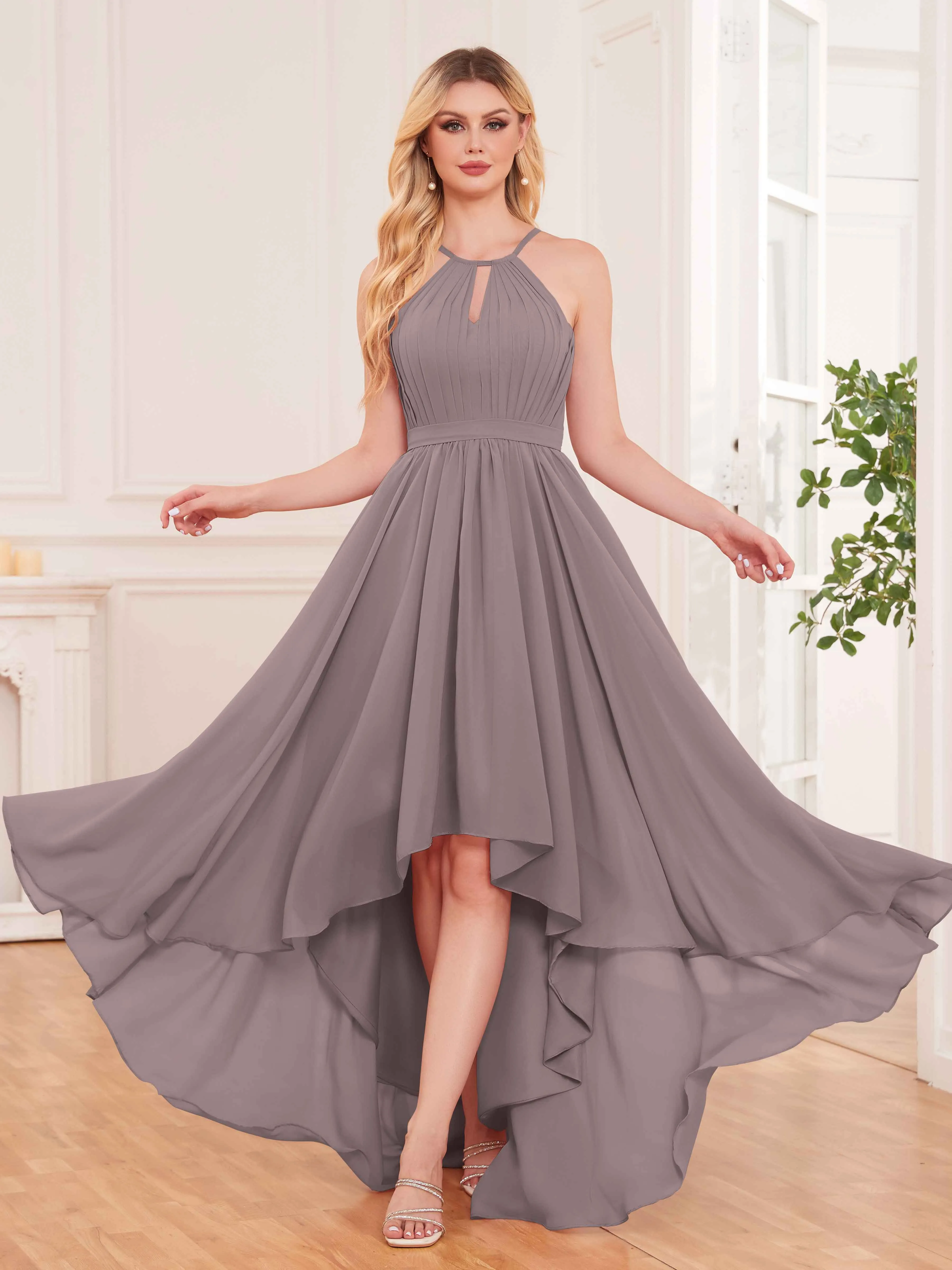 Elliana Dreamy Halter Sleeveless Asymmetrical Chiffon Bridesmaid Dresses