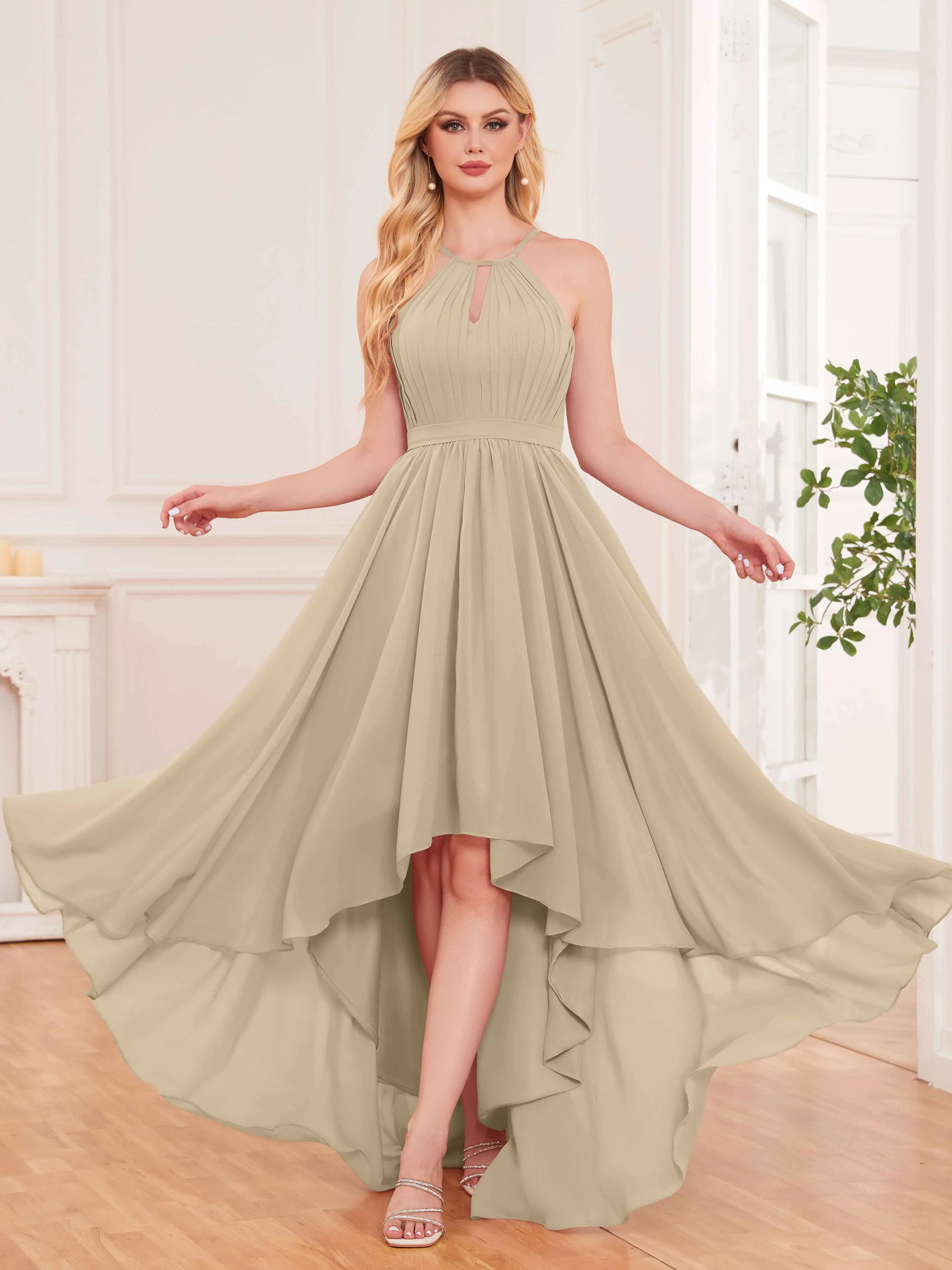 Elliana Dreamy Halter Sleeveless Asymmetrical Chiffon Bridesmaid Dresses