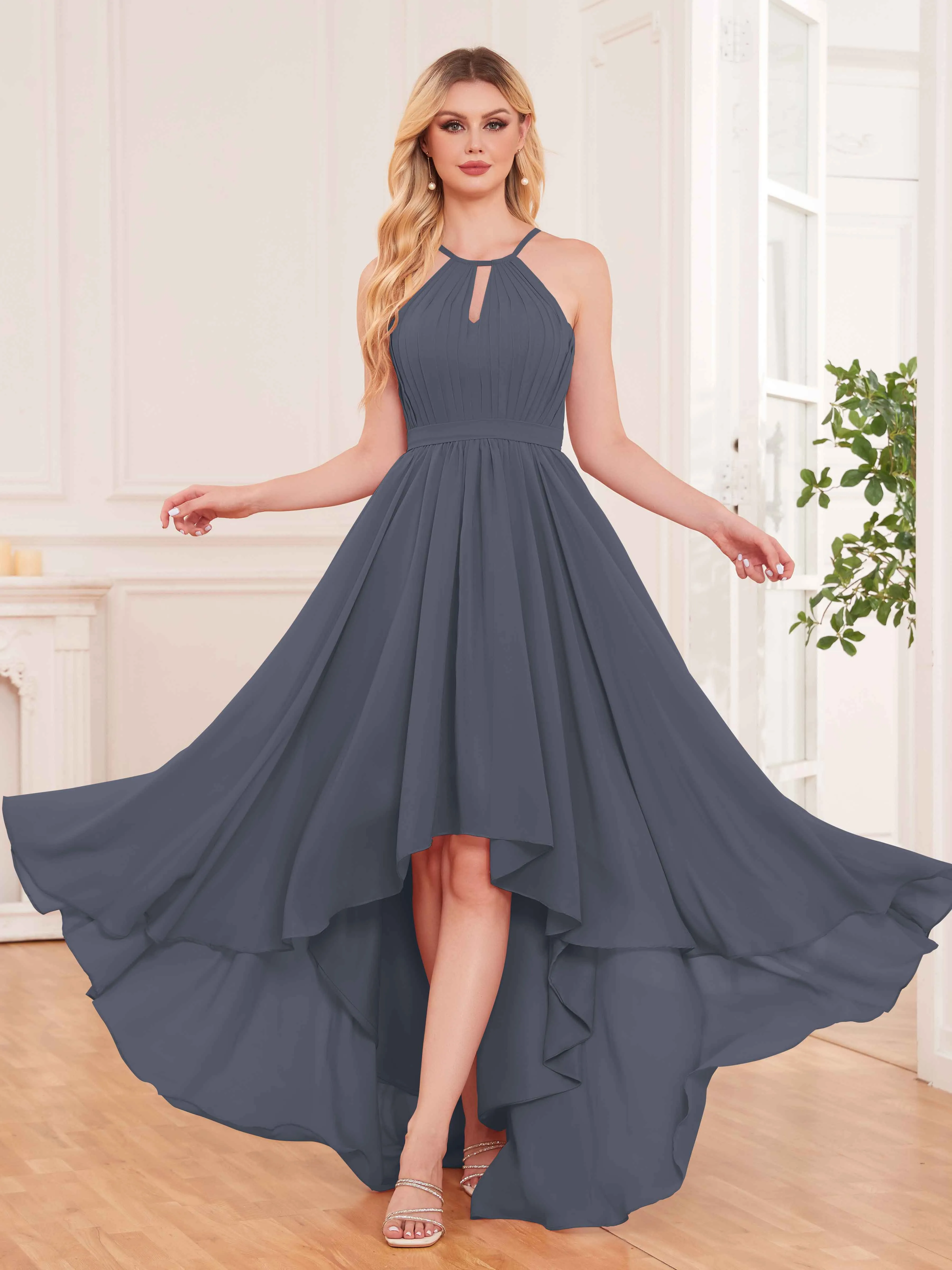 Elliana Dreamy Halter Sleeveless Asymmetrical Chiffon Bridesmaid Dresses