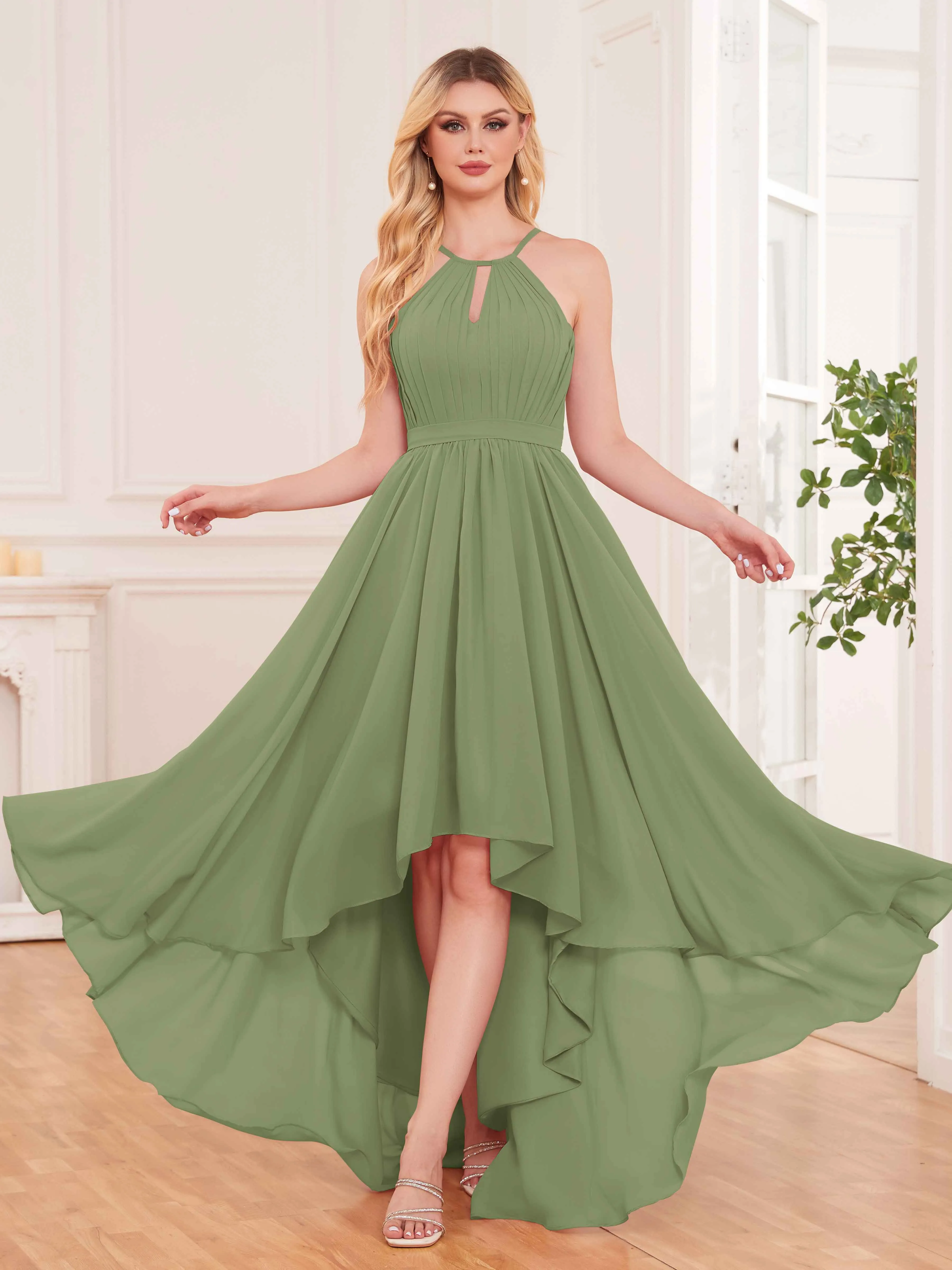 Elliana Dreamy Halter Sleeveless Asymmetrical Chiffon Bridesmaid Dresses
