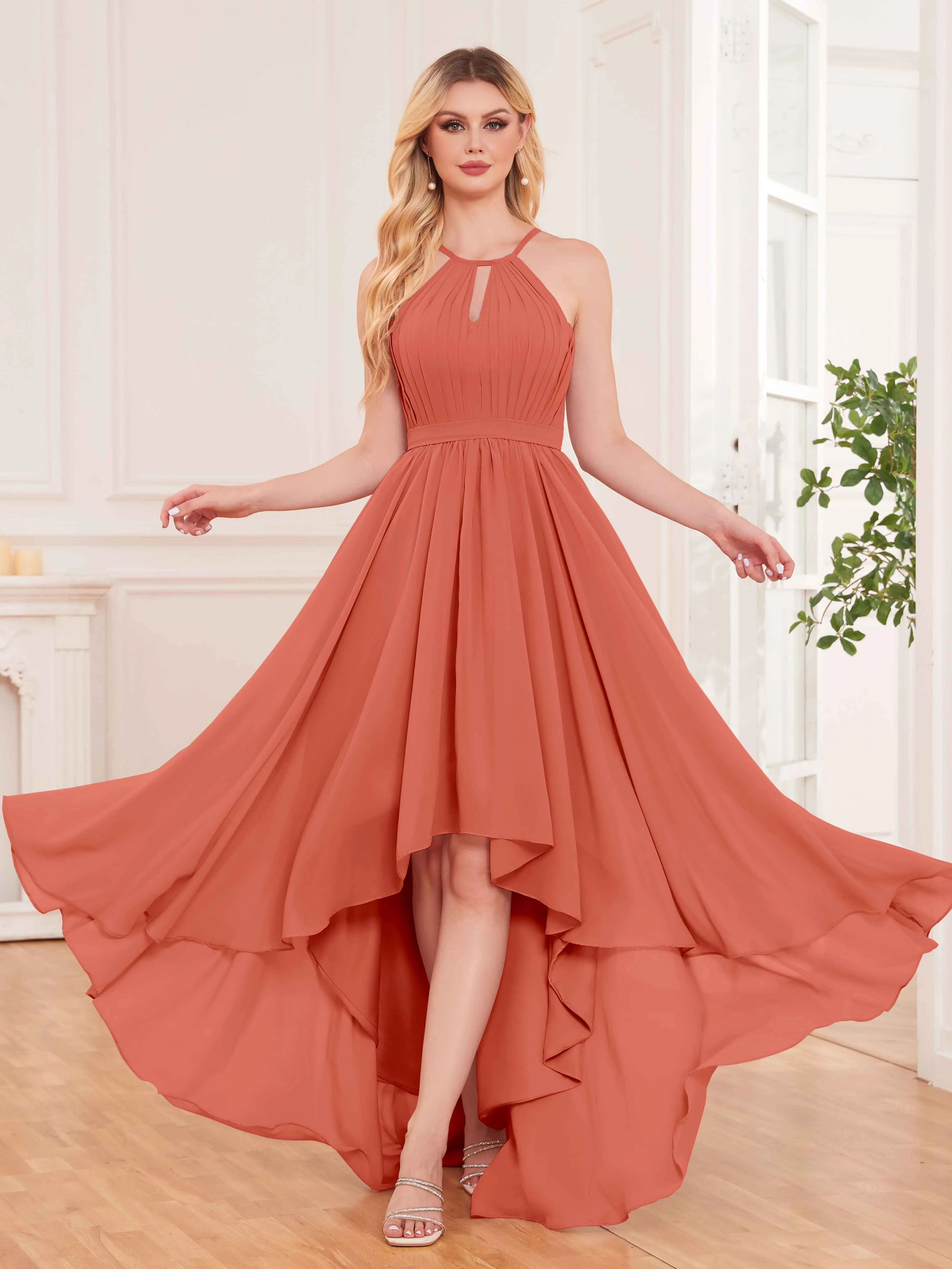 Elliana Dreamy Halter Sleeveless Asymmetrical Chiffon Bridesmaid Dresses