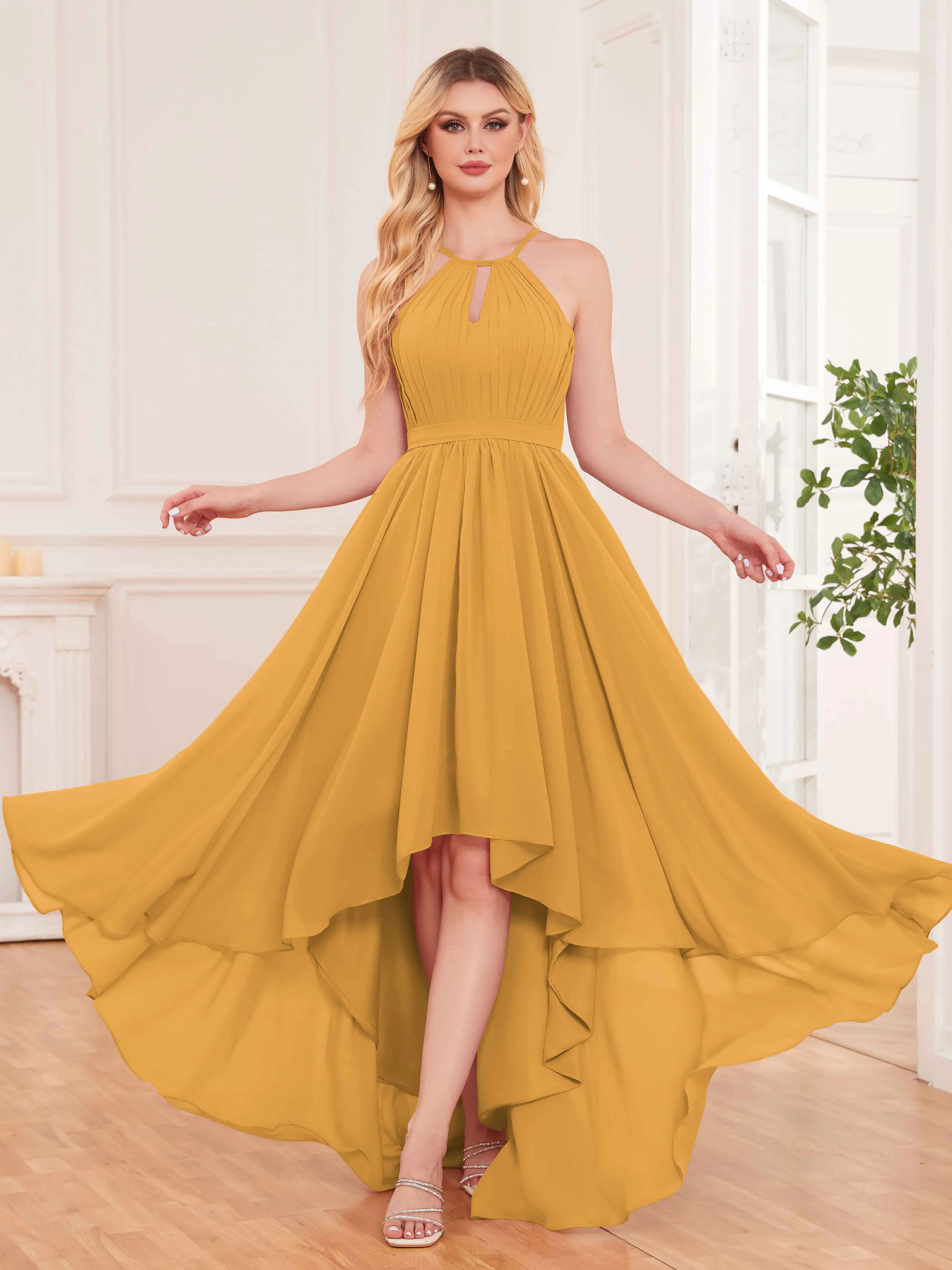 Elliana Dreamy Halter Sleeveless Asymmetrical Chiffon Bridesmaid Dresses