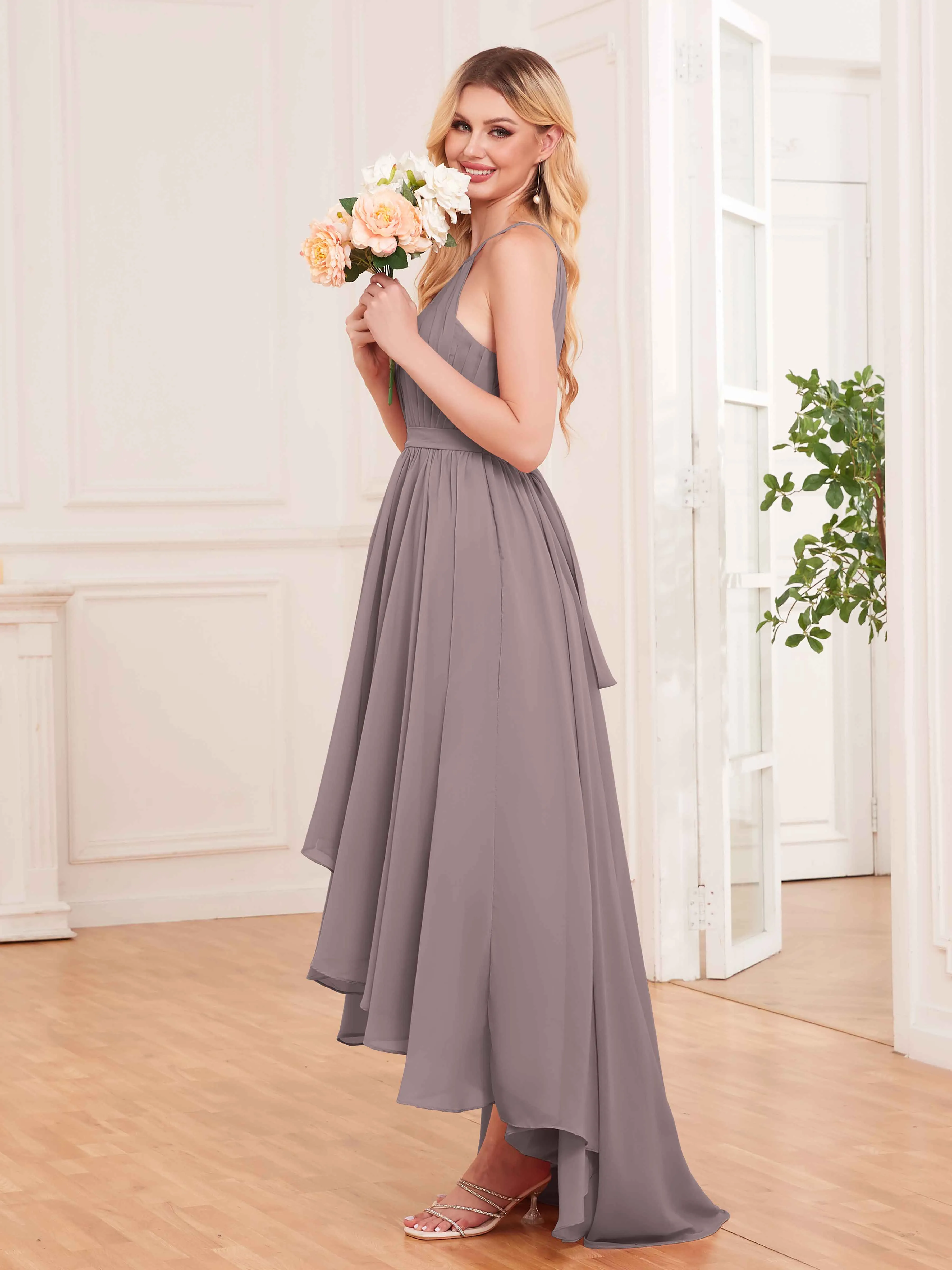 Elliana Dreamy Halter Sleeveless Asymmetrical Chiffon Bridesmaid Dresses