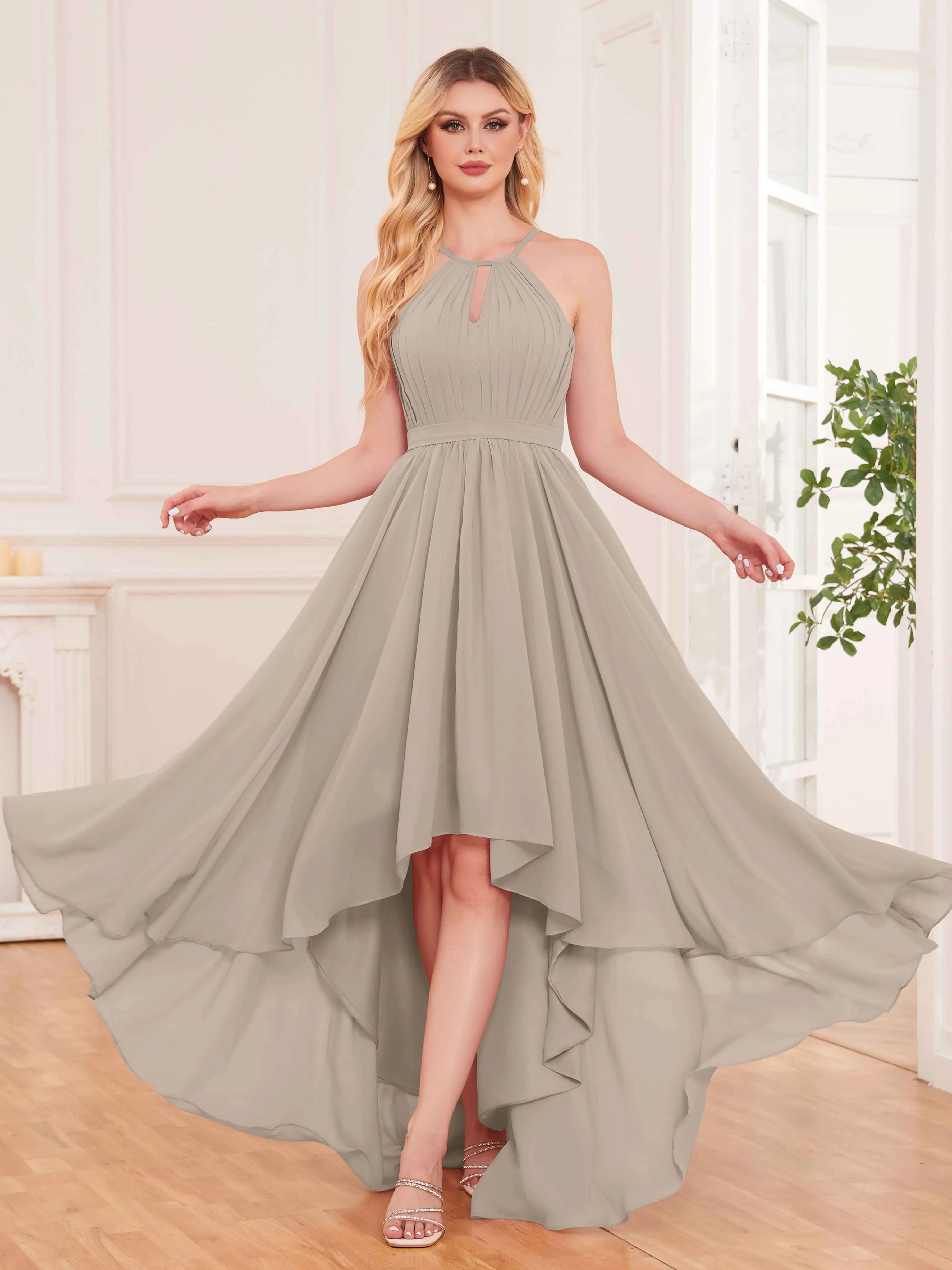 Elliana Dreamy Halter Sleeveless Asymmetrical Chiffon Bridesmaid Dresses