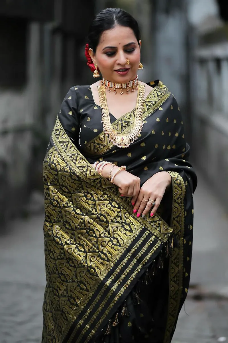 Enthralling Black Soft Silk Saree With Luminous Blouse Piece
