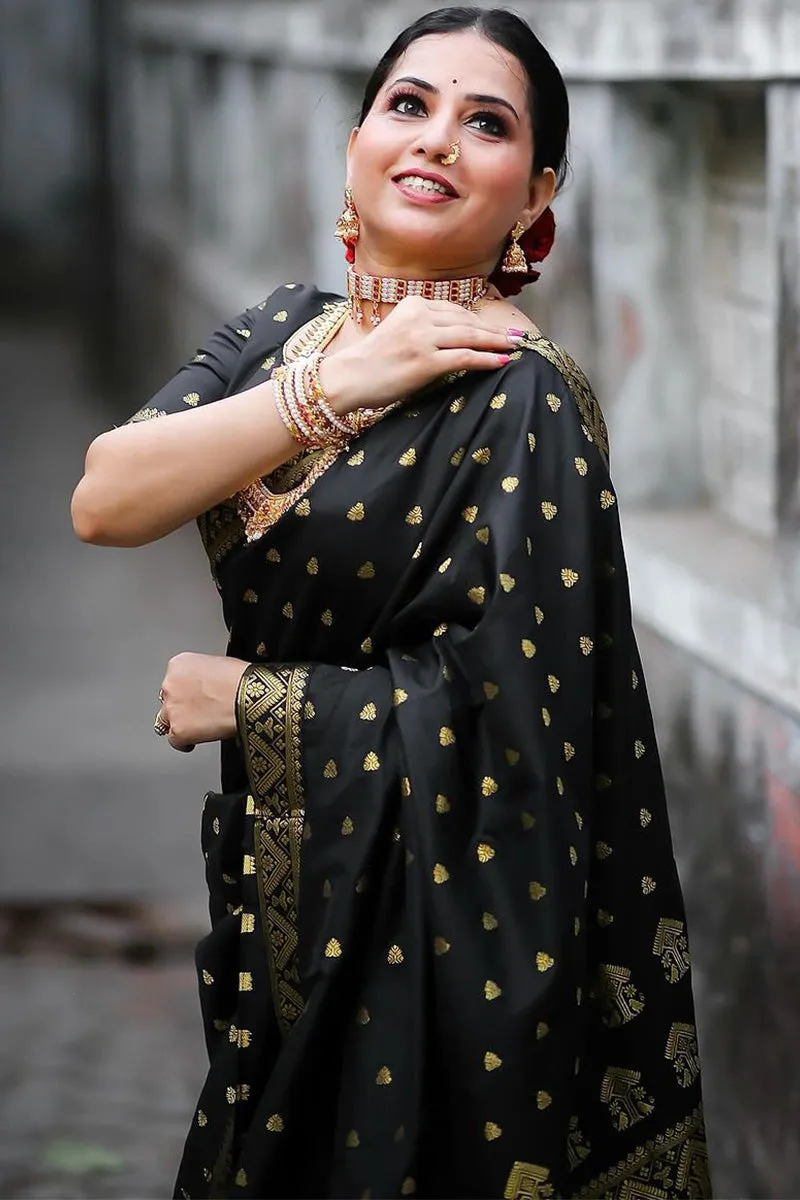 Enthralling Black Soft Silk Saree With Luminous Blouse Piece