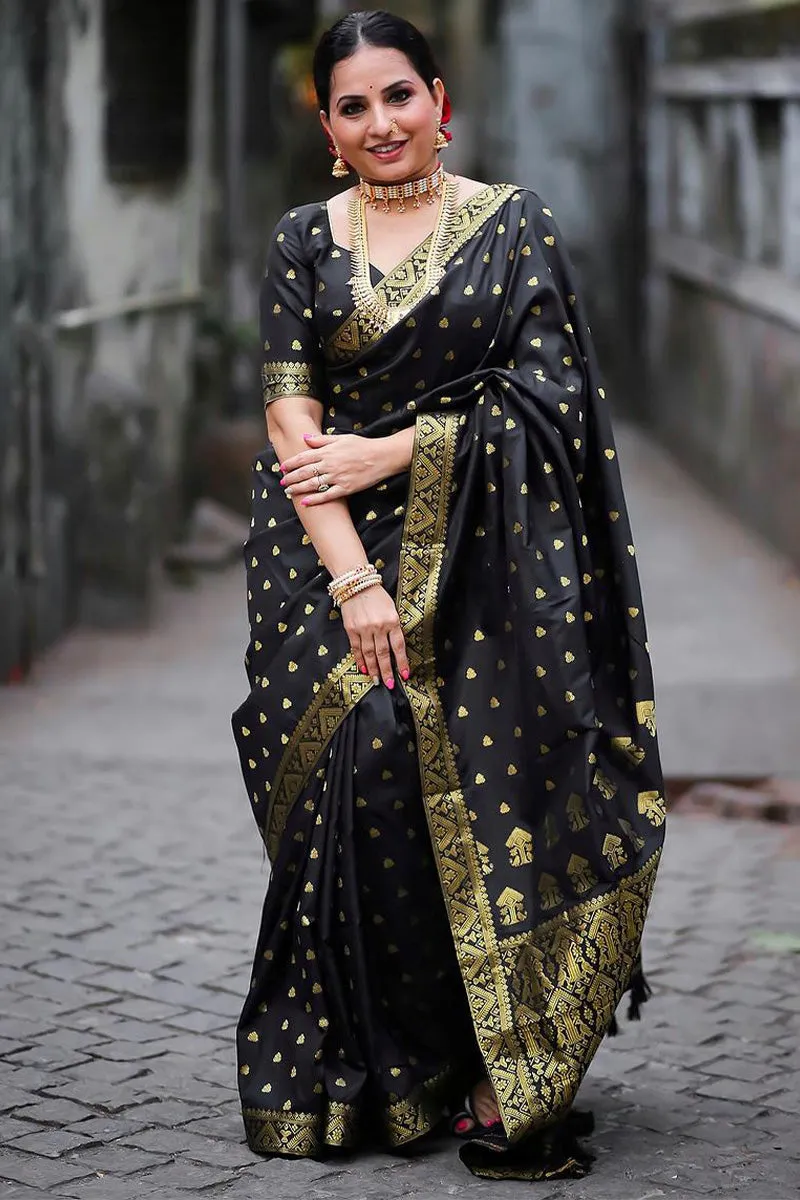 Enthralling Black Soft Silk Saree With Luminous Blouse Piece