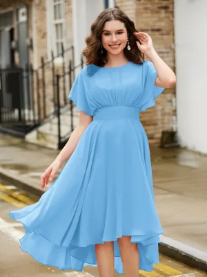 Flutter Sleeves Jewel Neckline Chiffon Dress Blue