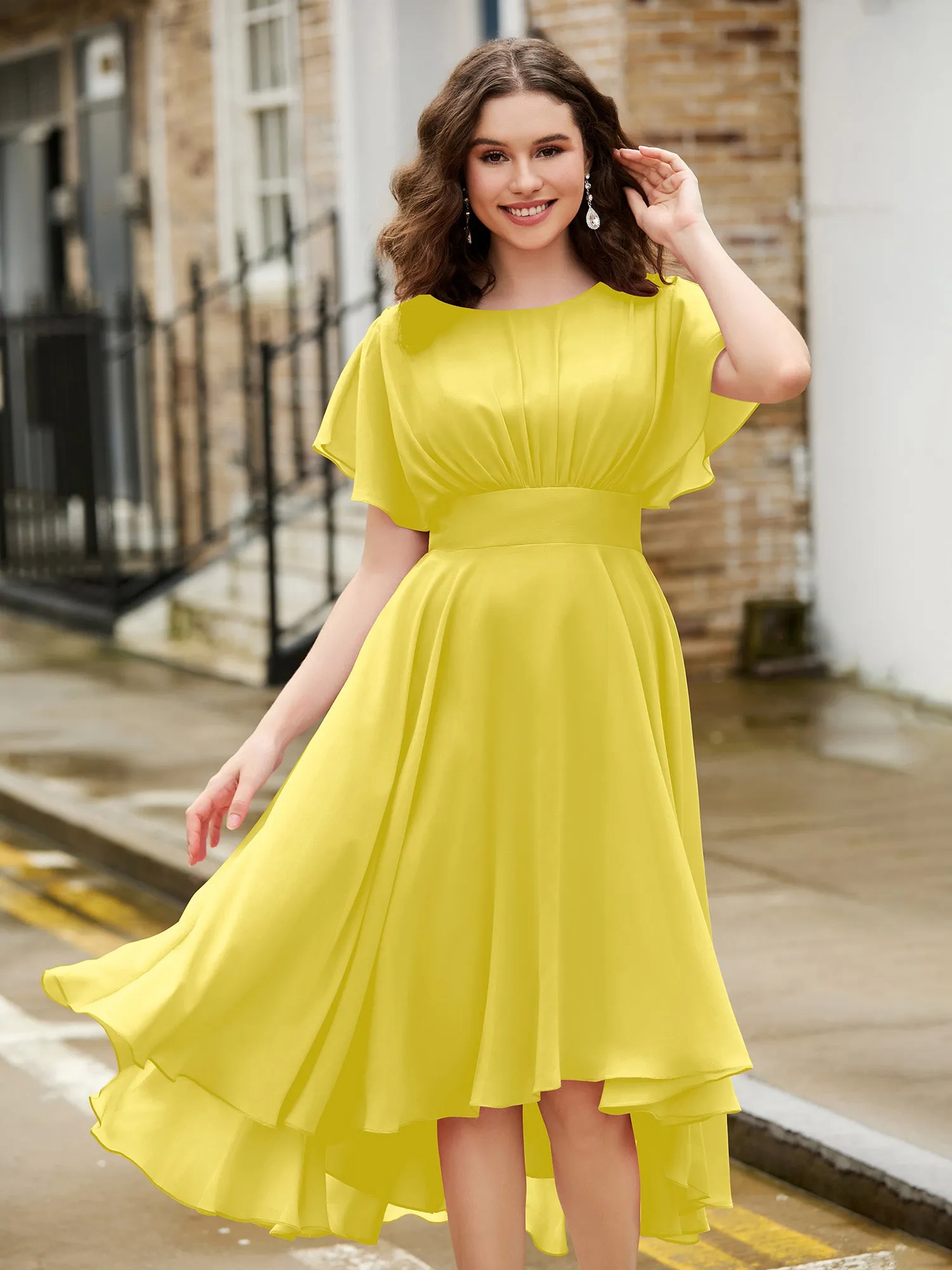 Flutter Sleeves Jewel Neckline Chiffon Dress Lemon