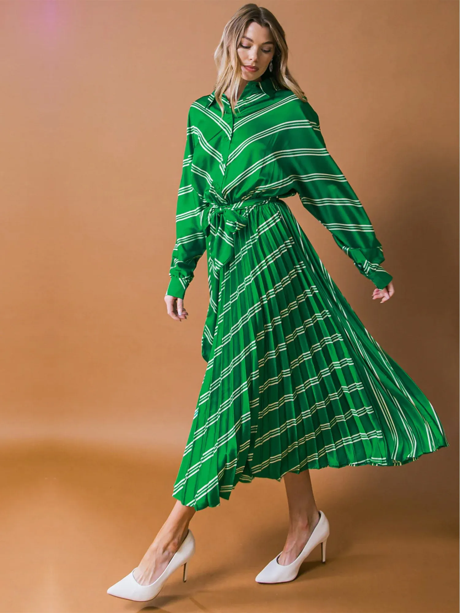 Flying Tomato Long Sleeve Striped Pleated Dress - Brands We Love