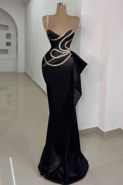 Gorgeous Long Black Mermaid One Shoulder Sleeveless Prom Dress with Lace