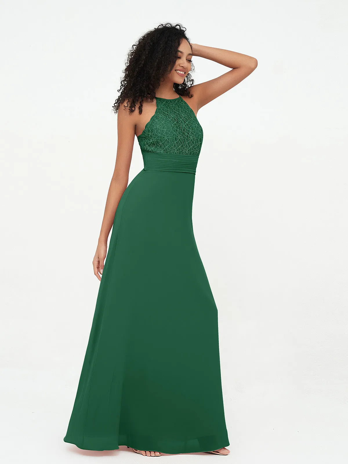 Halter Lace Top and Chiffon Open Back Dresses Dark Green