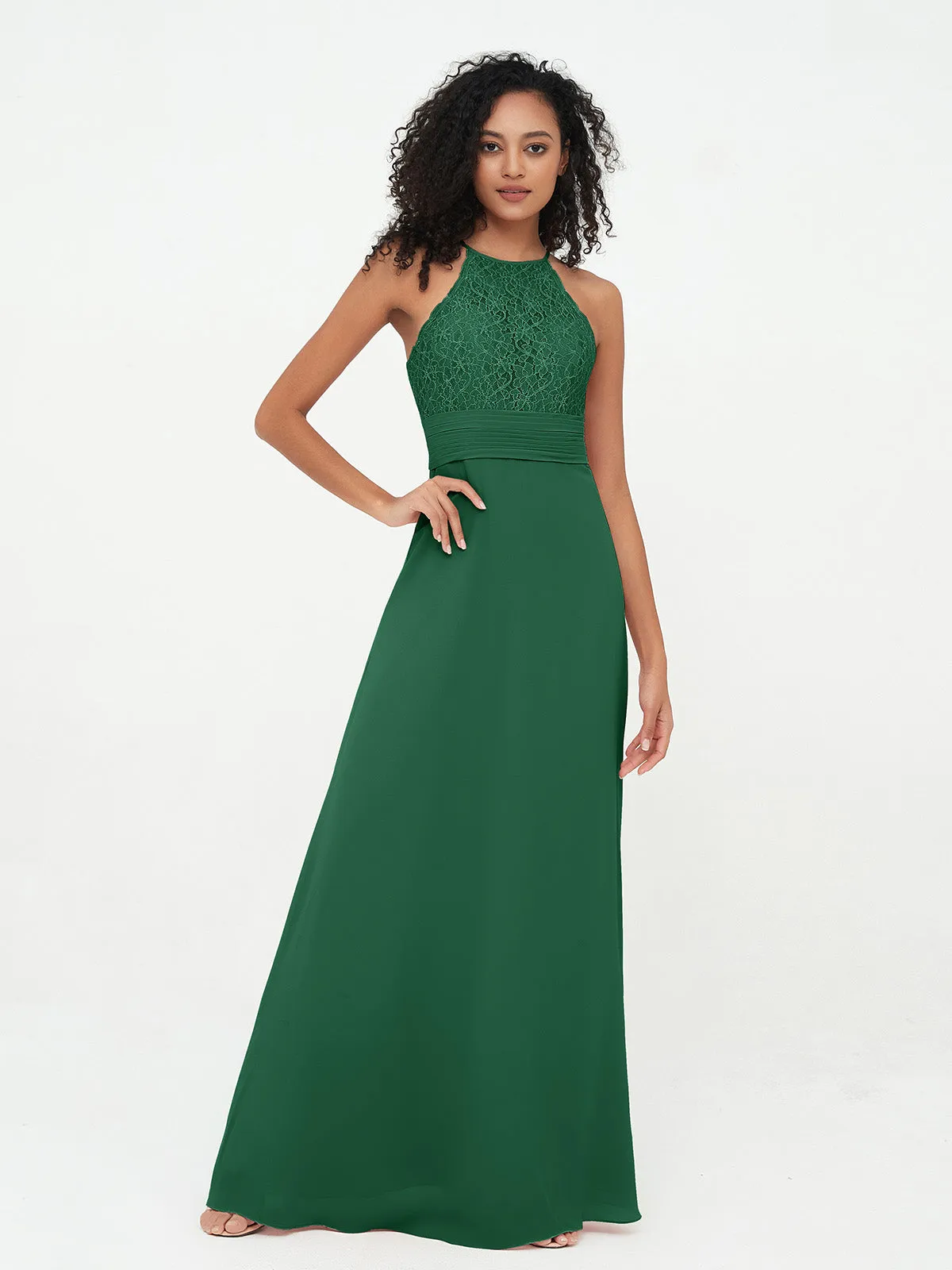 Halter Lace Top and Chiffon Open Back Dresses Dark Green