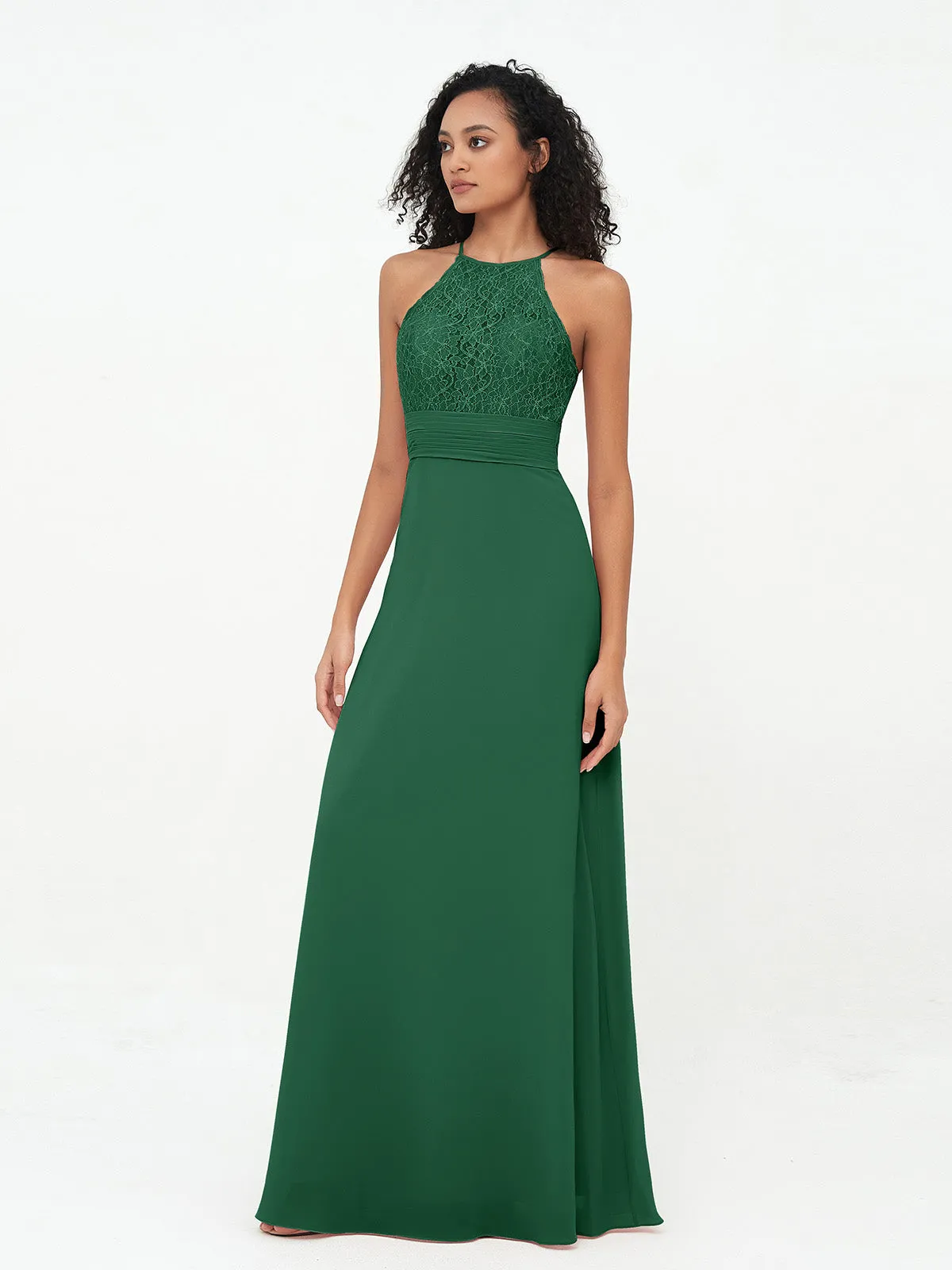 Halter Lace Top and Chiffon Open Back Dresses Dark Green