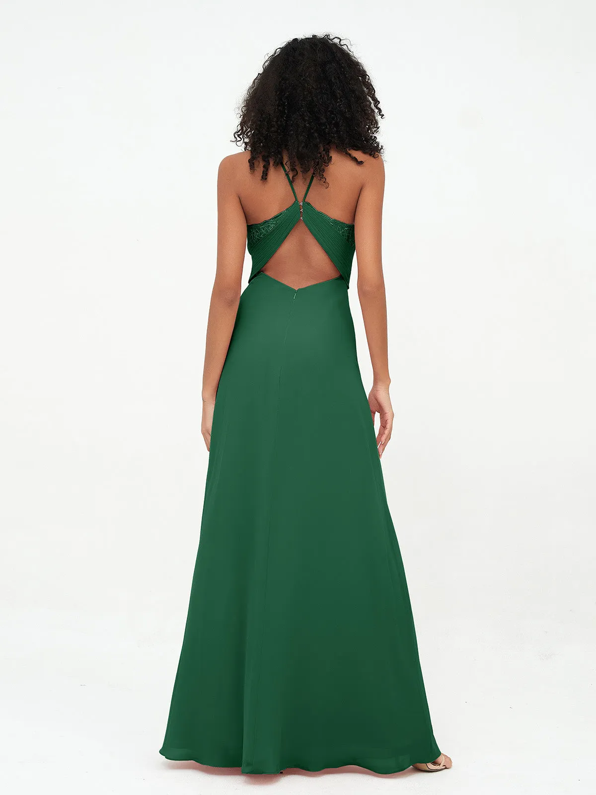 Halter Lace Top and Chiffon Open Back Dresses Dark Green