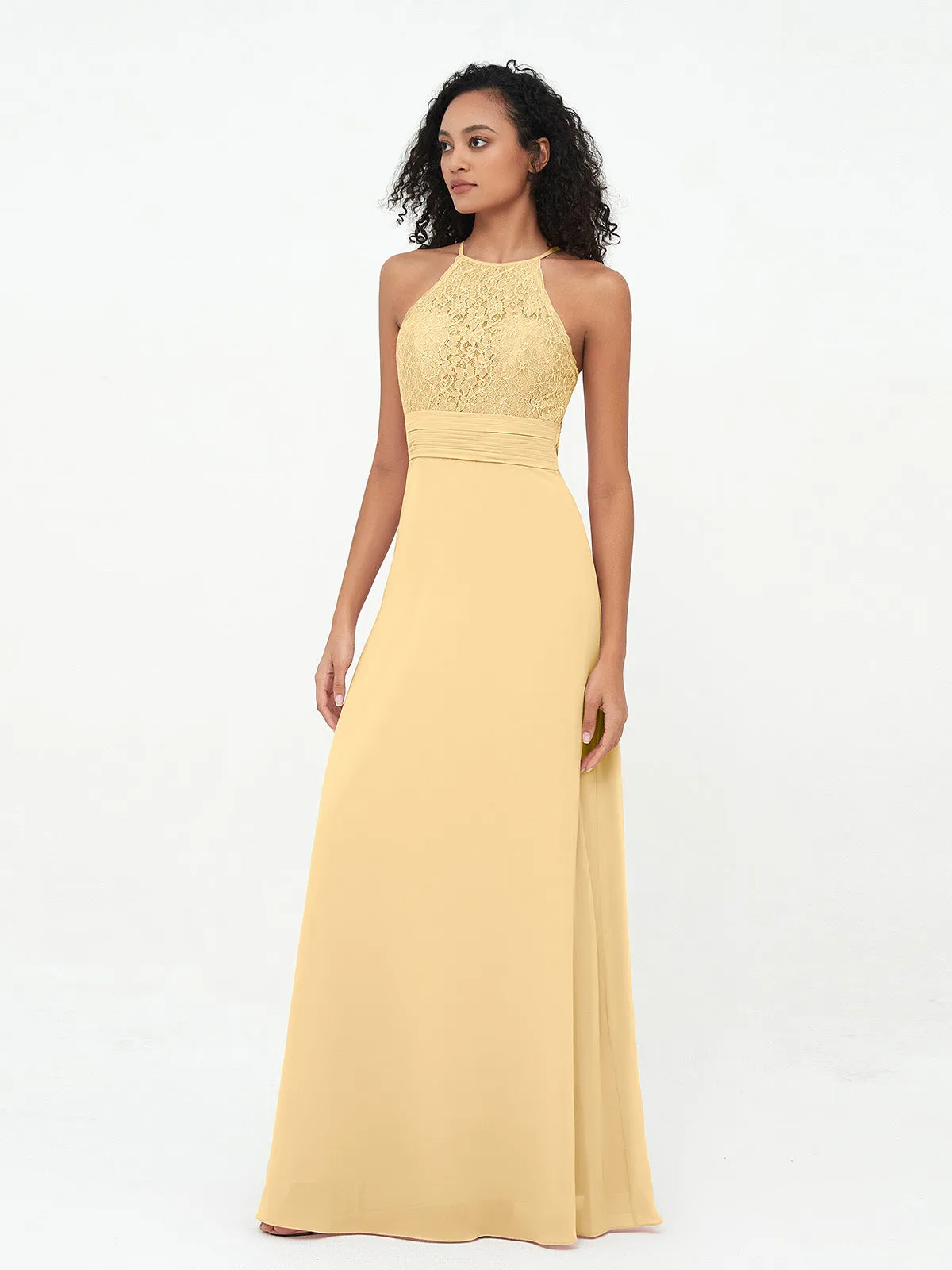 Halter Lace Top and Chiffon Open Back Dresses Gold Plus Size