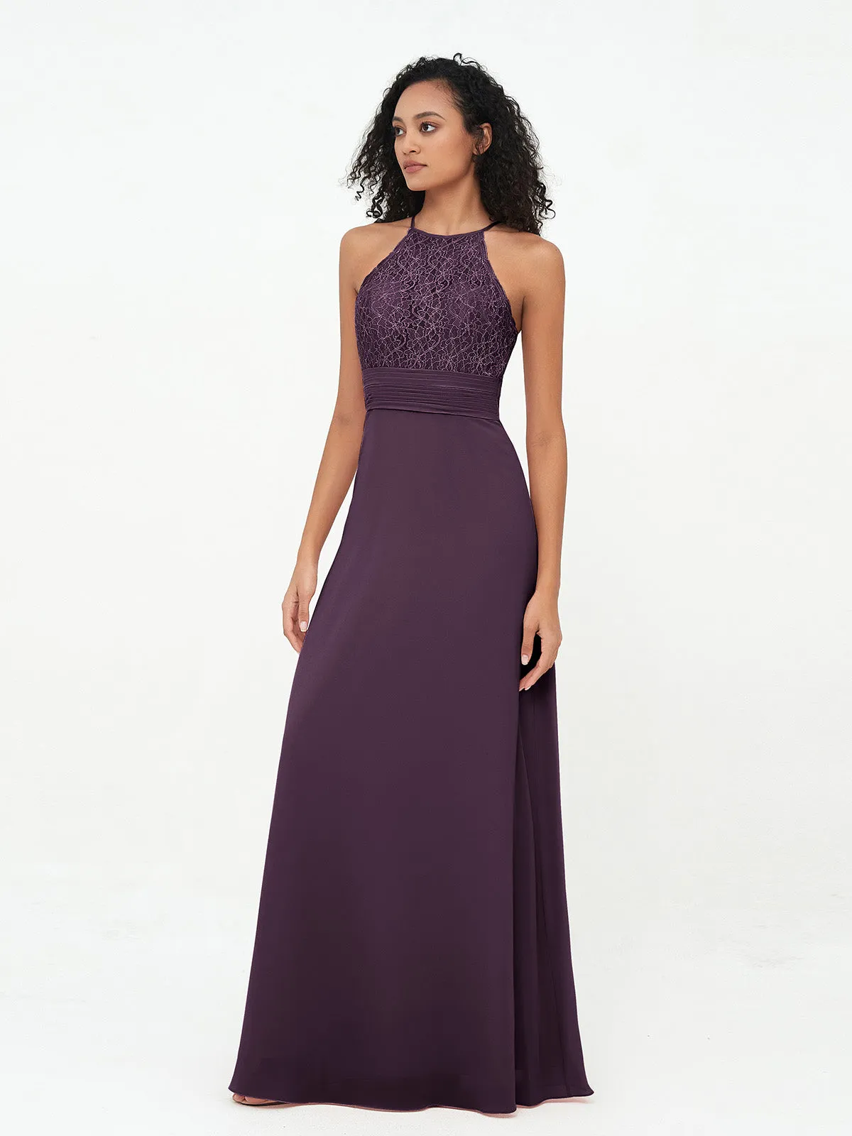 Halter Lace Top and Chiffon Open Back Dresses Plum