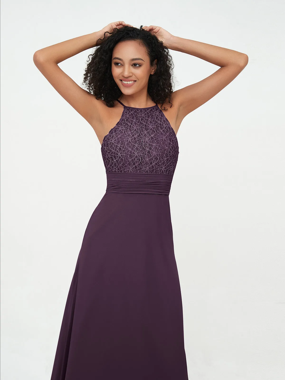 Halter Lace Top and Chiffon Open Back Dresses Plum