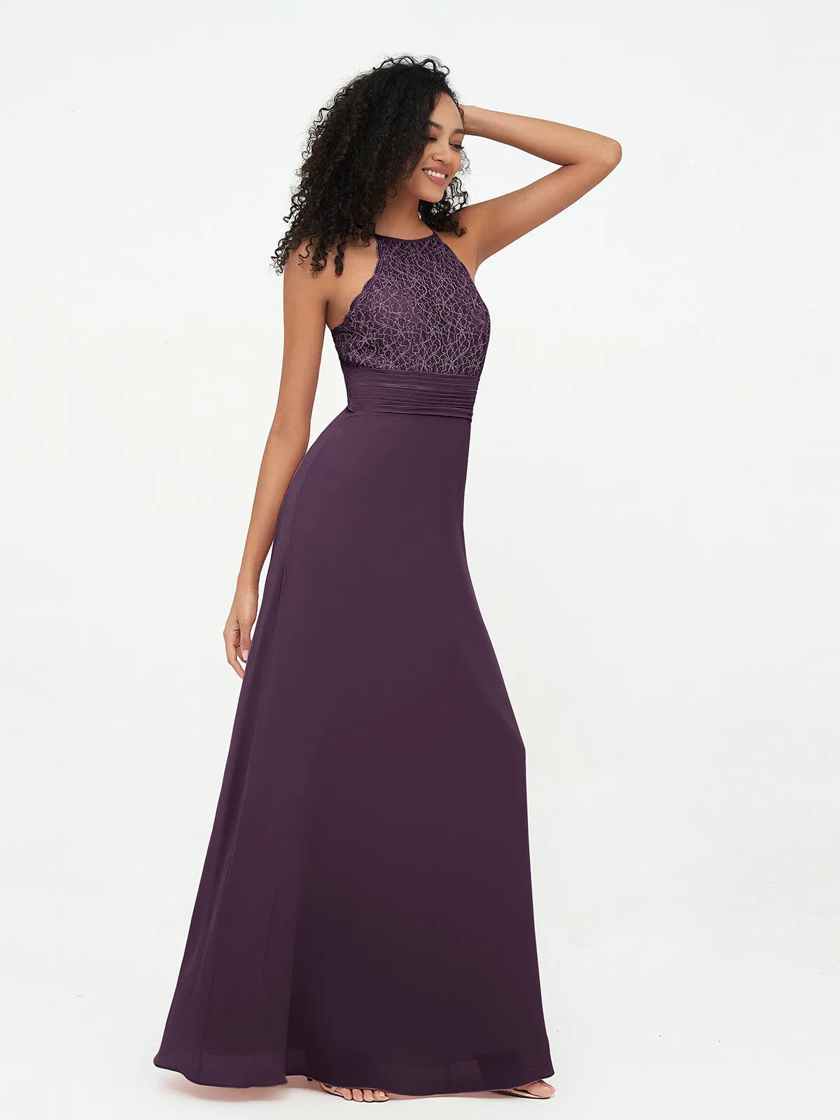 Halter Lace Top and Chiffon Open Back Dresses Plum