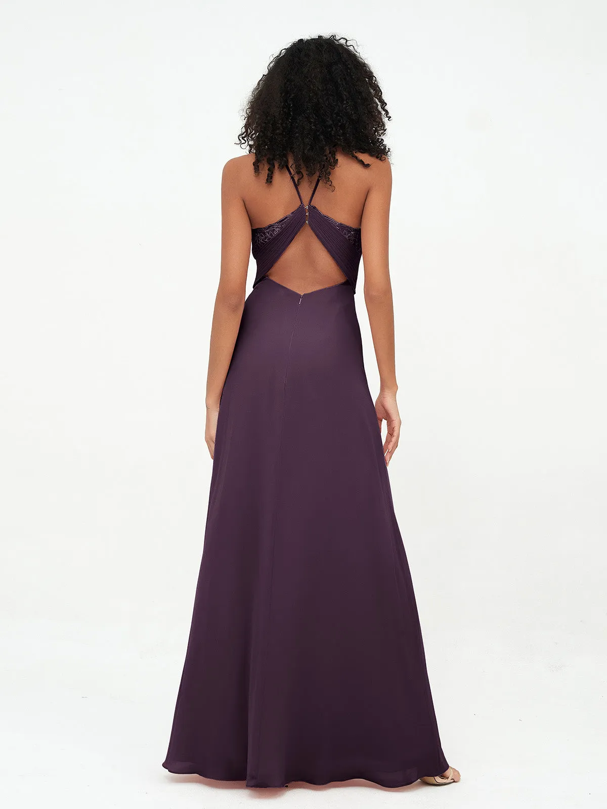 Halter Lace Top and Chiffon Open Back Dresses Plum